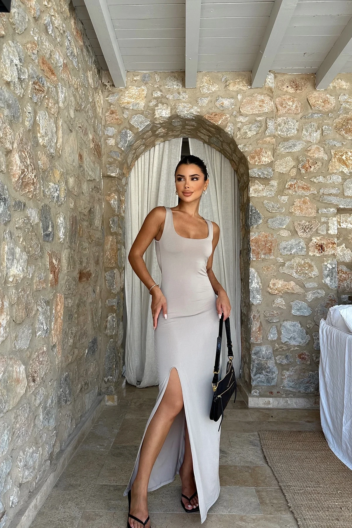 Picture of Stone Square Collar Slit Dress