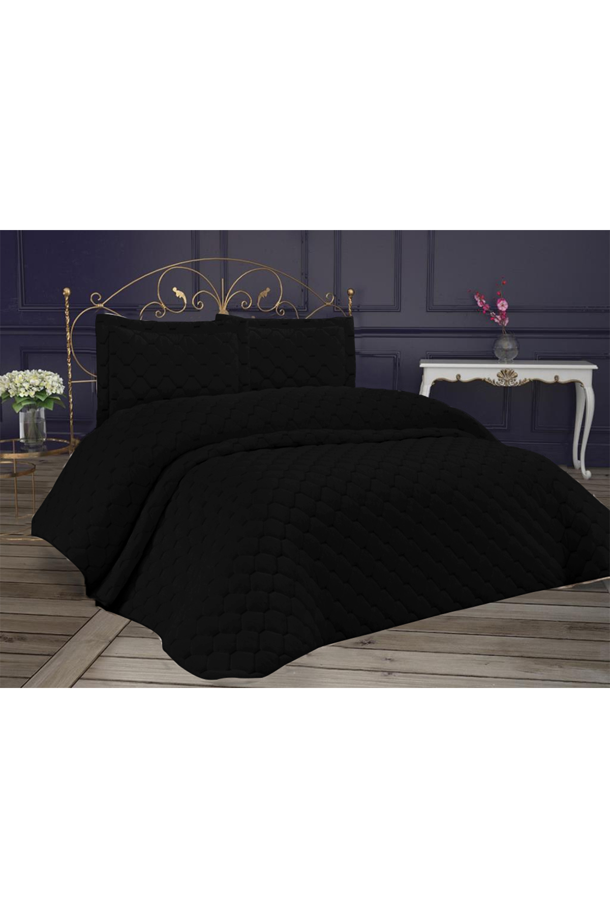 Picture of Lima Kadife Dolgulu Çift Kişilik Yatak Örtüsü Siyah