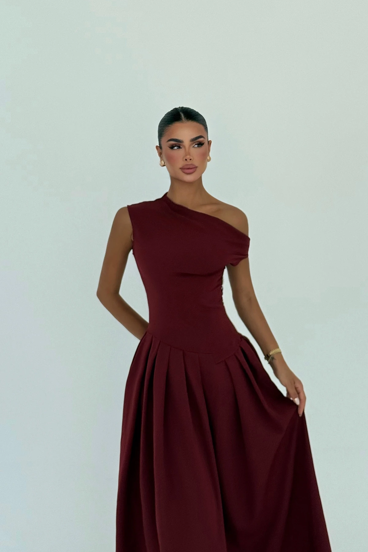 Picture of Cherry Maroon Bimala Boat Neck Dress