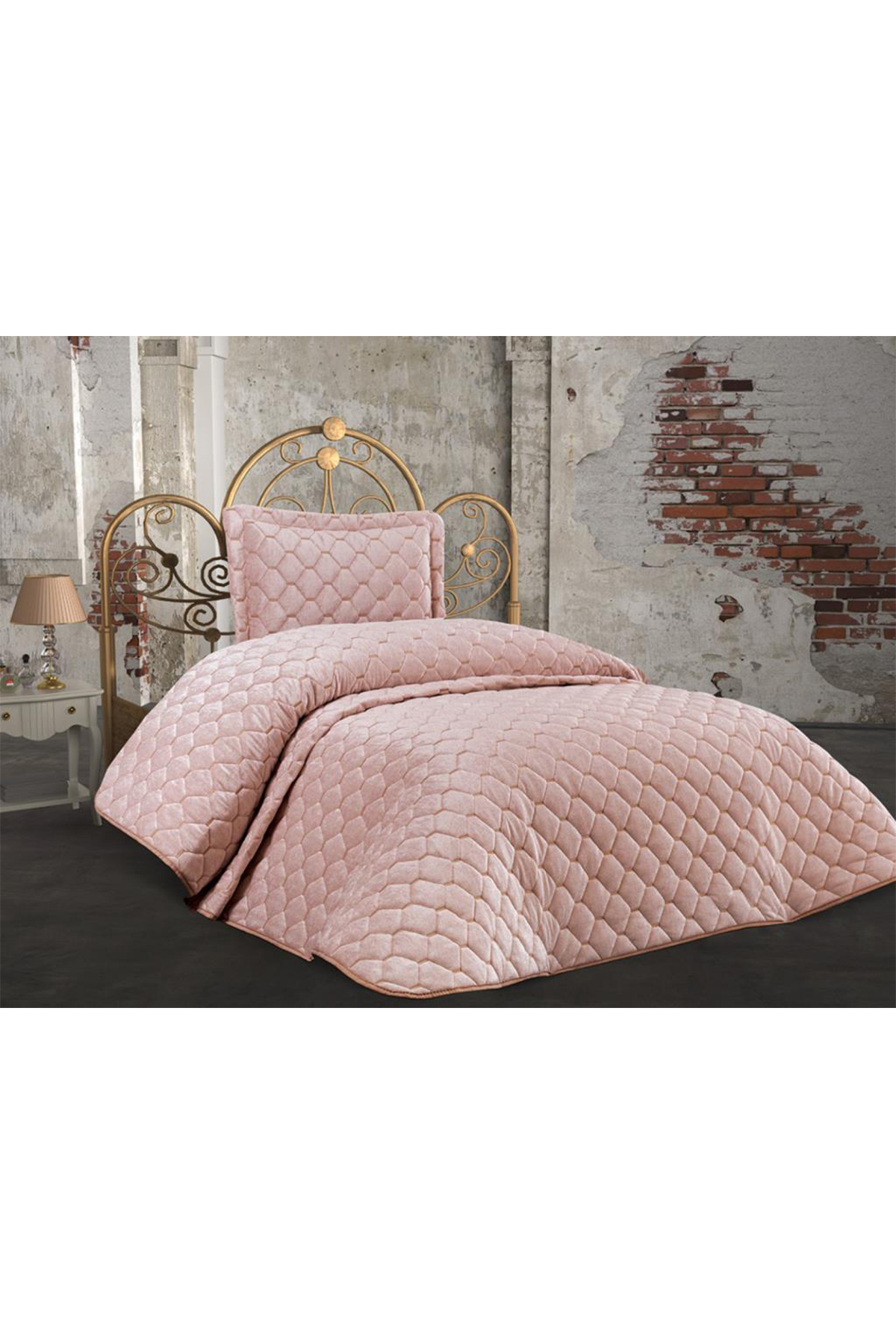 Picture of Lima Kadife Dolgulu Tek Kişilik Yatak Örtüsü Pudra