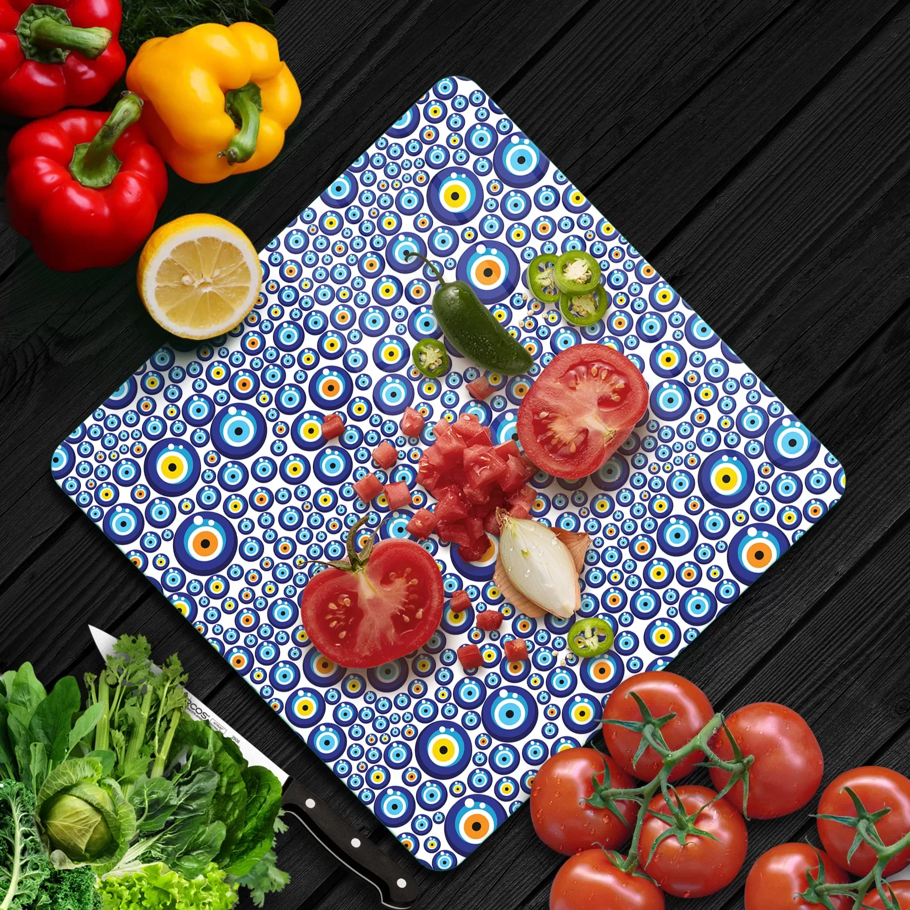 Picture of Decovetro Cam Kesme Tahtası ve Sunumluk Kare Nazar Boncuk Desenli 30x30 Cm