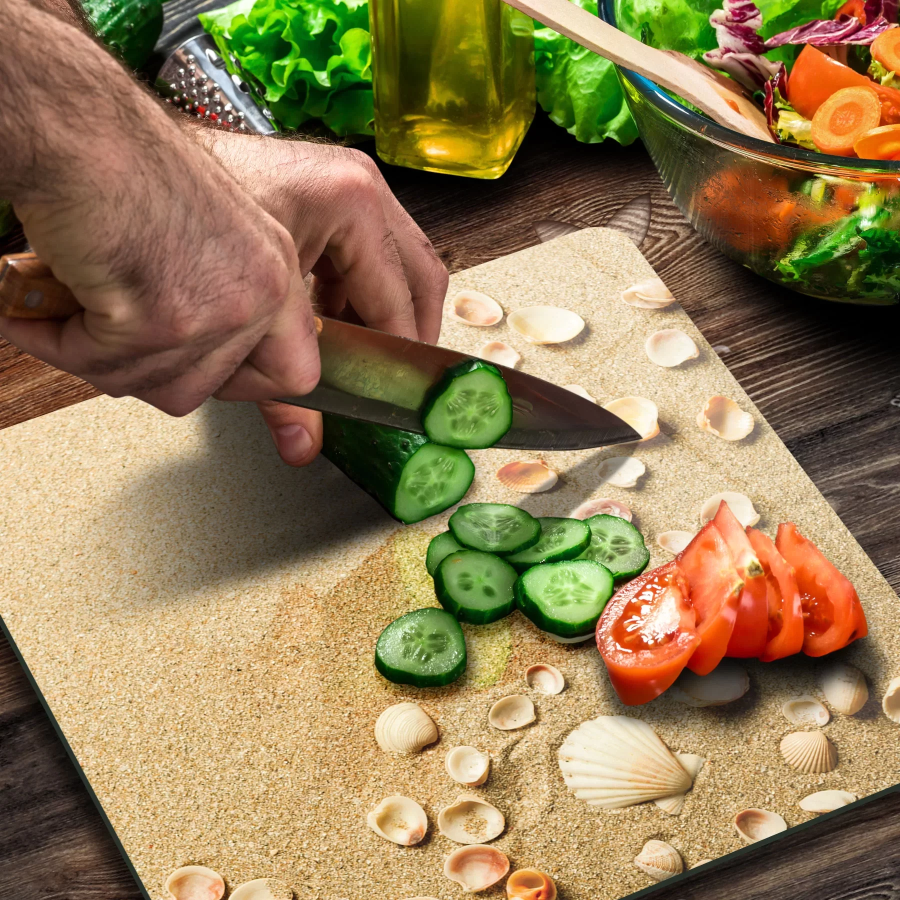 Picture of Decovetro Cam Kesme Tahtası ve Sunumluk Kare Deniz Kabuğu Desenli 30x30 Cm