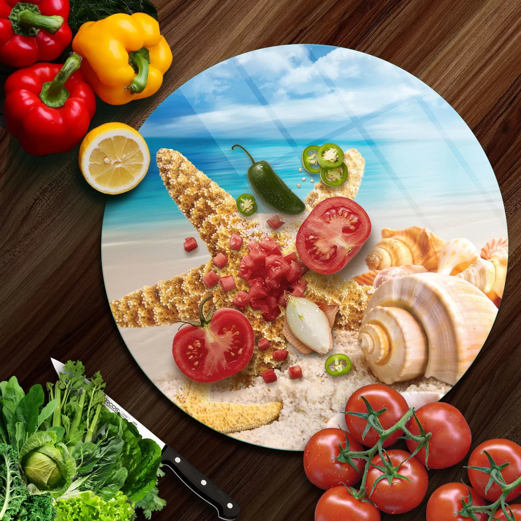 Picture of Decovetro Cam Kesme Tahtası ve Sunumluk Yuvarlak Deniz Yıldızı Desenli 30x30 Cm