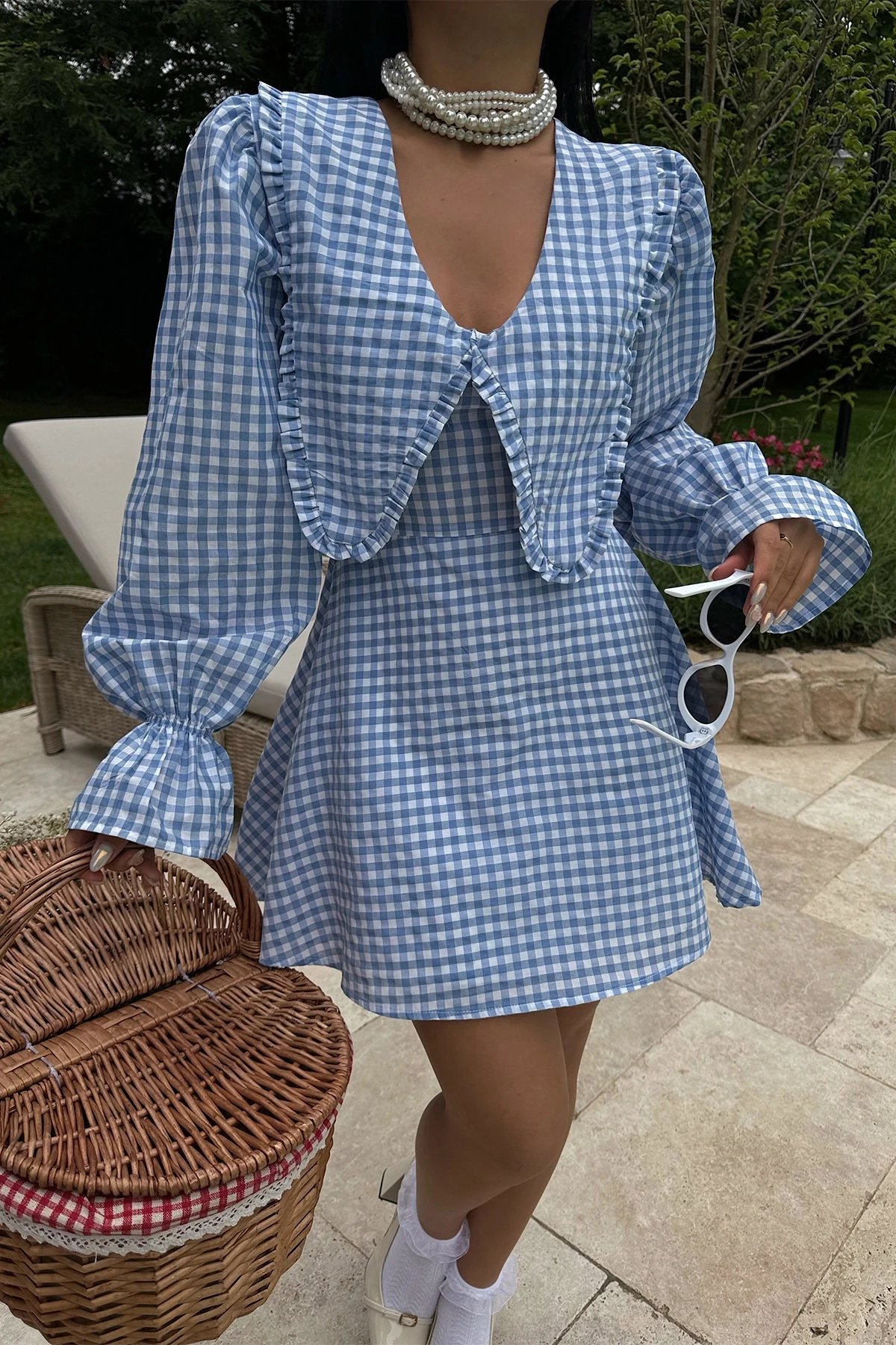 Picture of Blue Gingham Pattern Mini Dress