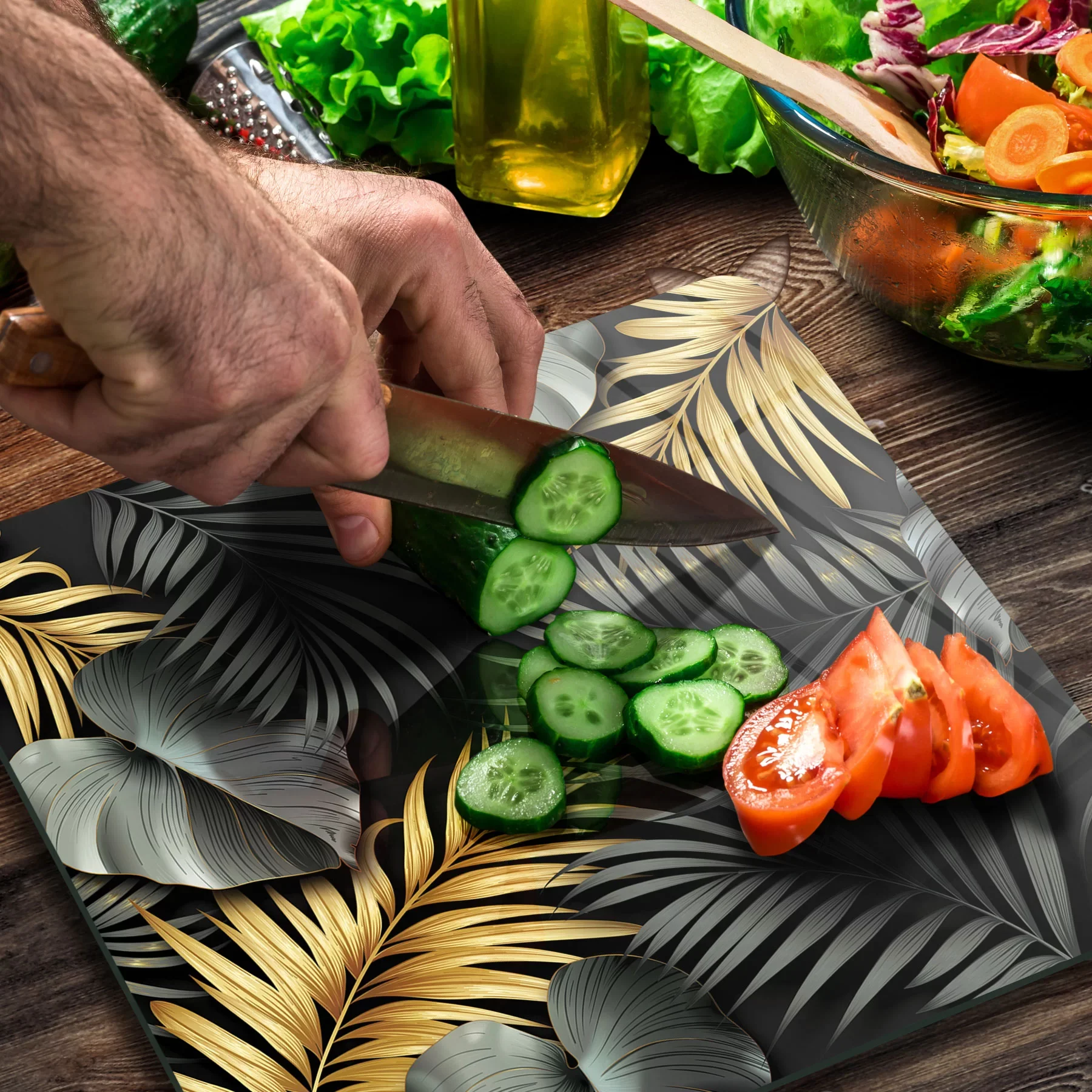 Picture of Decovetro Cam Kesme Tahtası ve Sunumluk Kare Tropik Yaprak Desenli 30x30 Cm