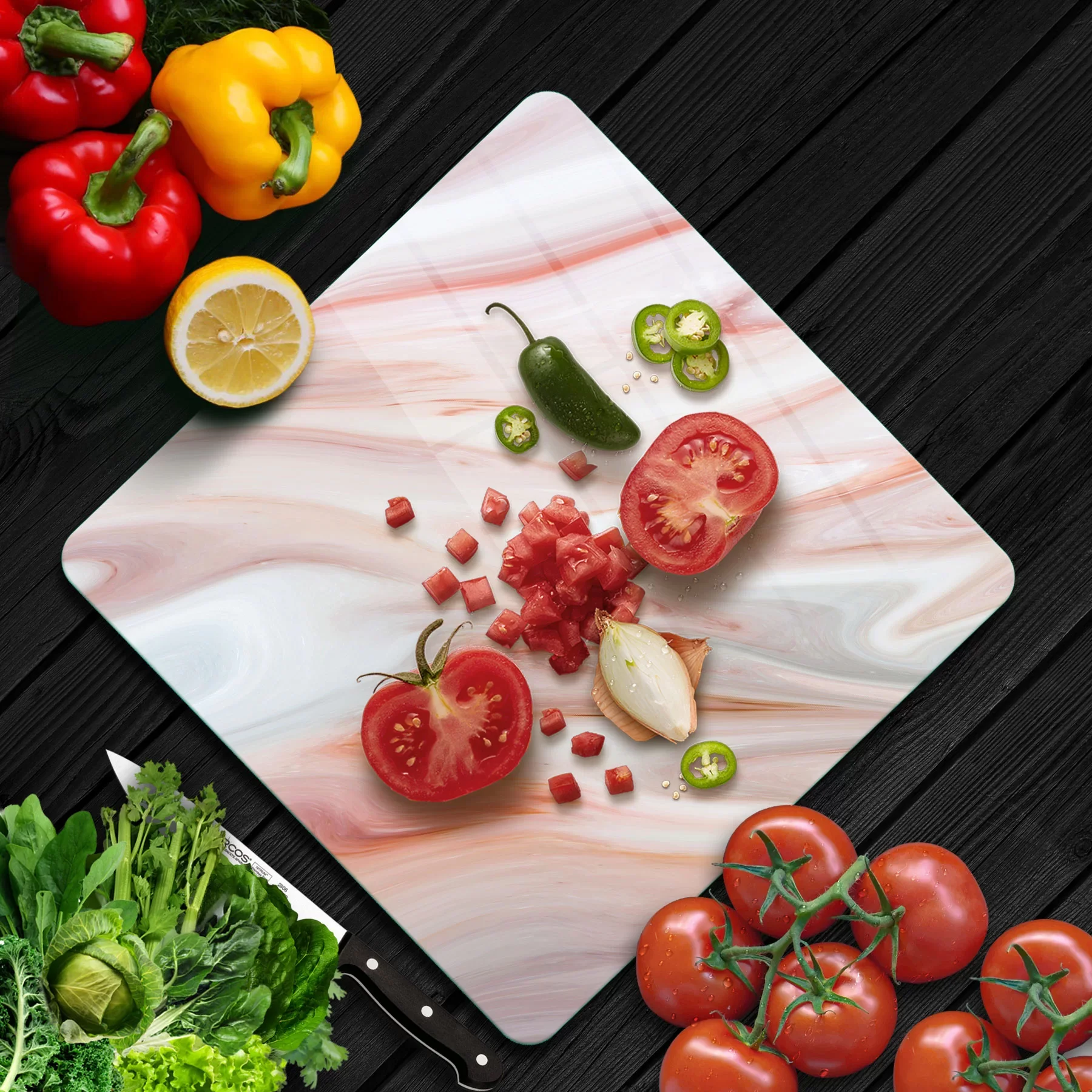 Picture of Decovetro Cam Kesme Tahtası ve Sunumluk Kare Kırmızı Mermer Desenli 30x30 Cm