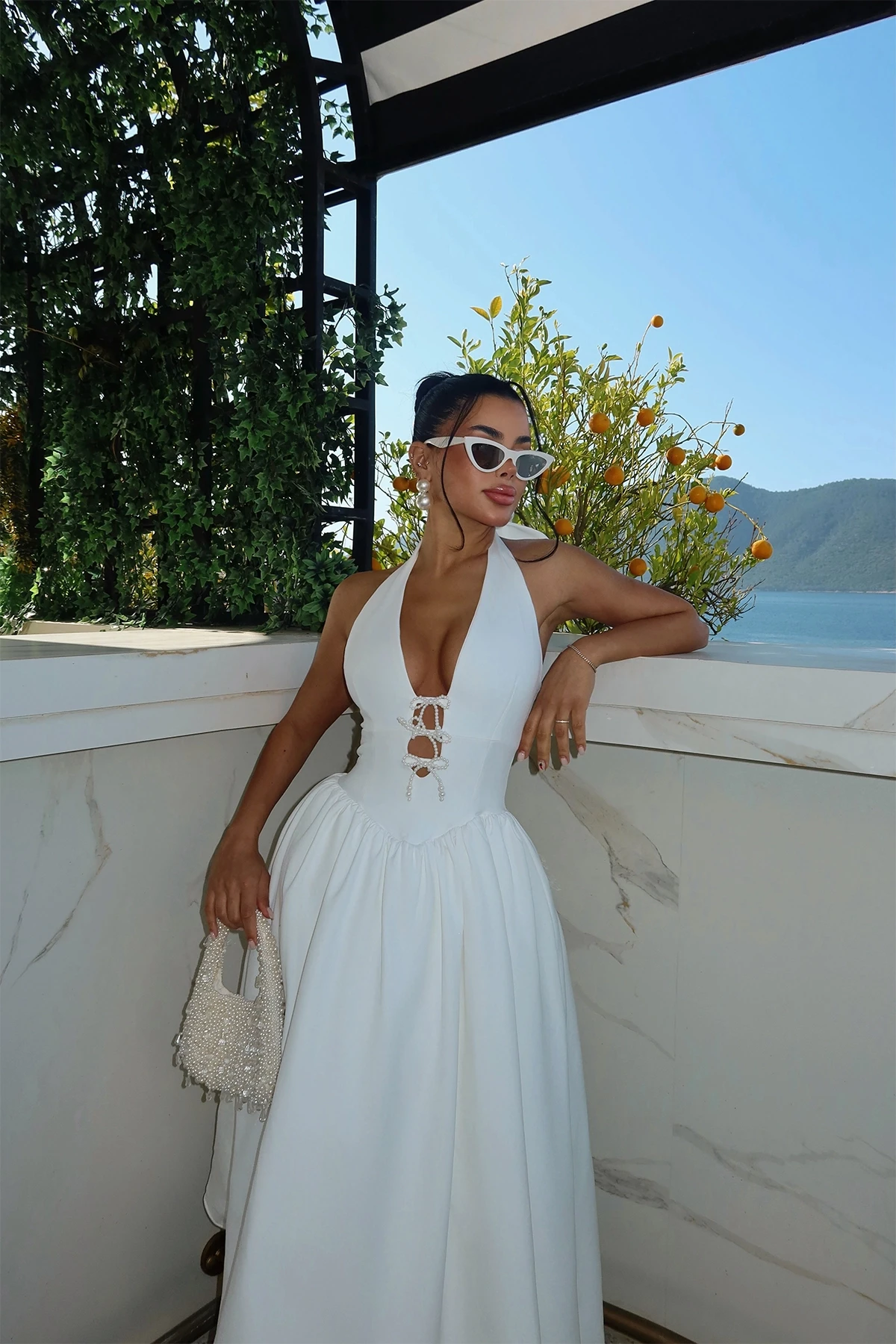 Picture of White Ballerina Pearl Bow Detail Dress