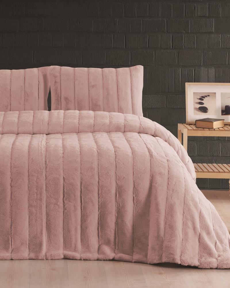 Picture of Merinos Luxe 3 Parça Çift Kişilik Yatak Örtüsü Seti Kutulu 230x250 Çizgili Pudra