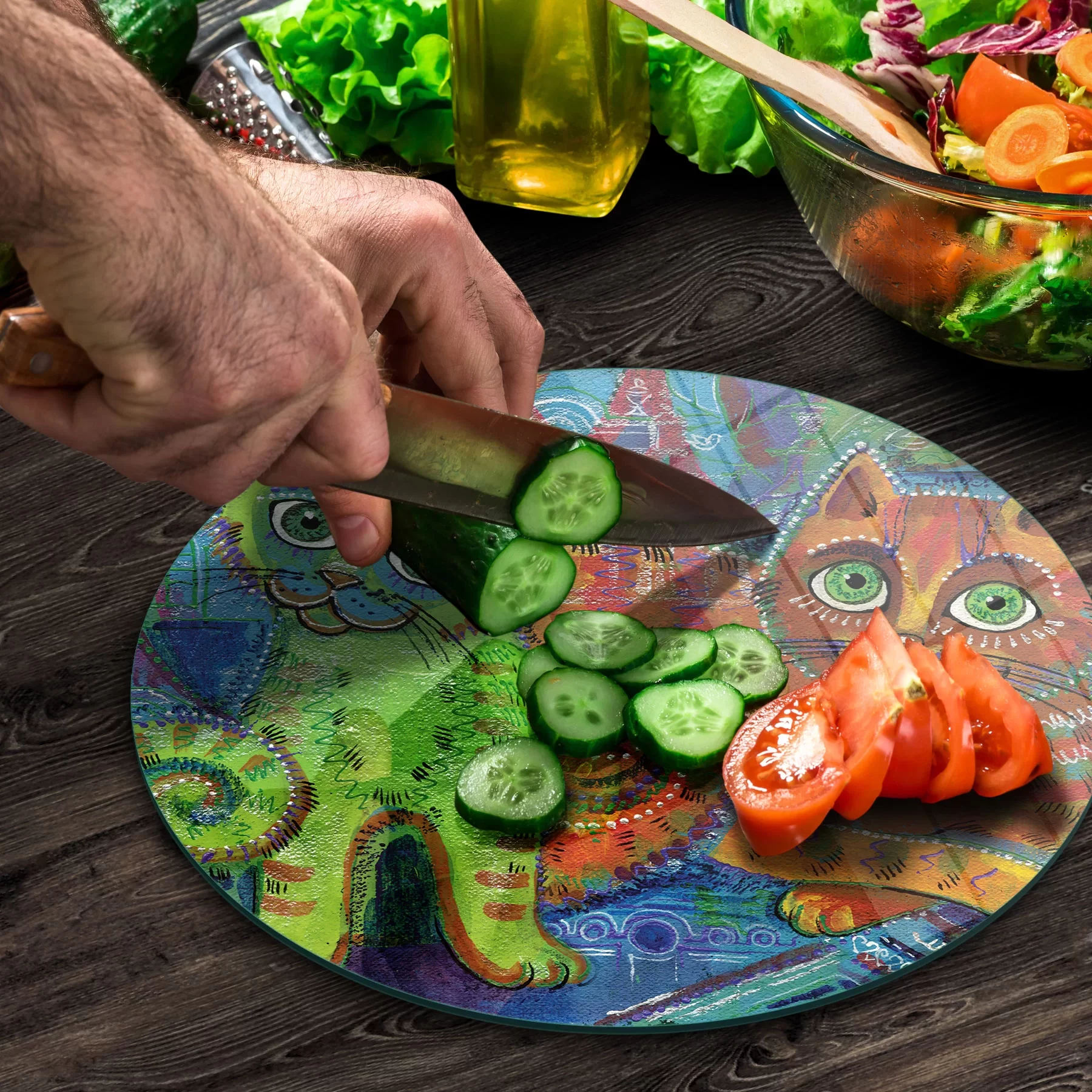 Picture of Decovetro Cam Kesme Tahtası ve Sunumluk Yuvarlak Kedi Desenli 30x30 Cm