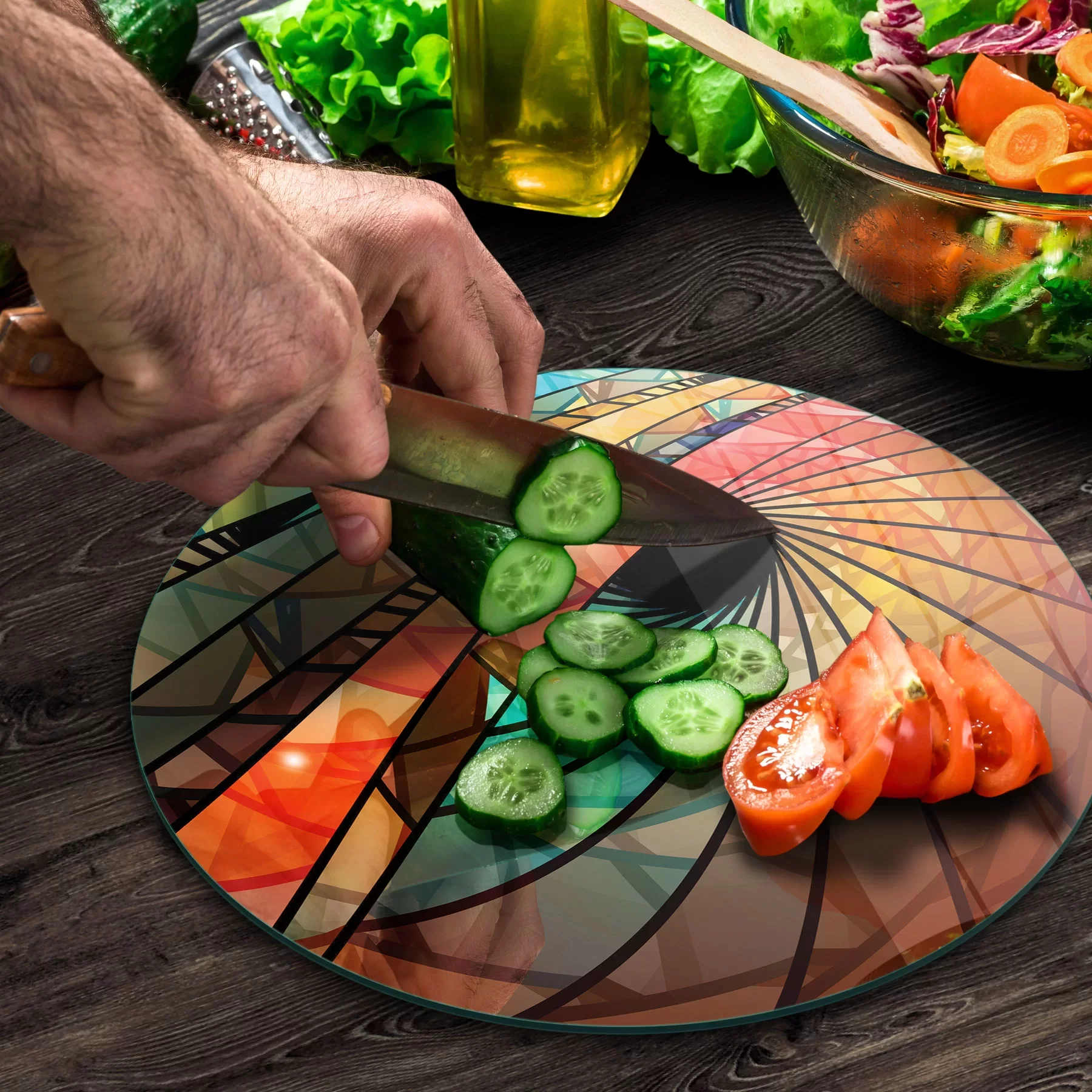 Picture of Decovetro Cam Kesme Tahtası ve Sunumluk Yuvarlak Geometrik Desenli 30x30 Cm