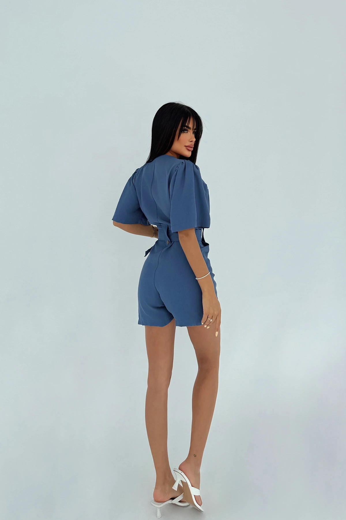 Picture of Blue Pocket Detail Buttoned Jumpsuit