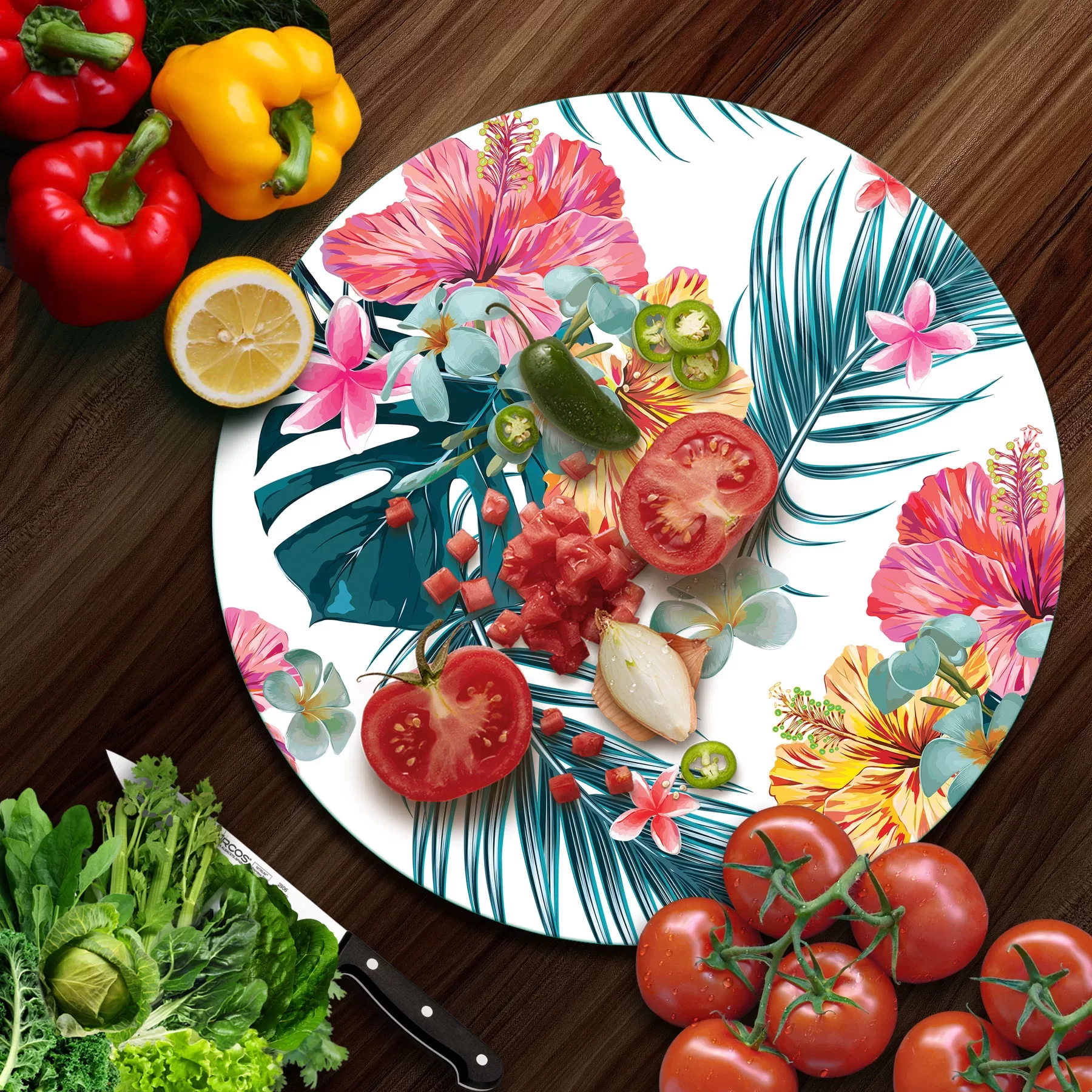 Picture of Decovetro Cam Kesme Tahtası ve Sunumluk Yuvarlak Tropik Yaprak Beyaz Deseli 30x30 Cm