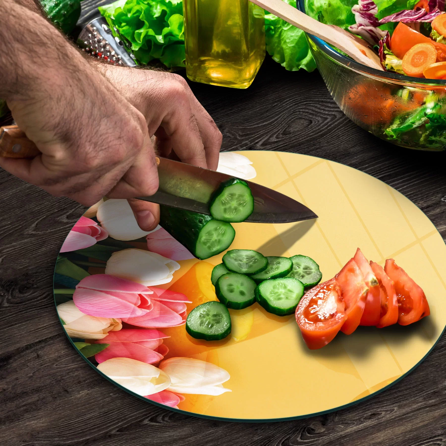 Picture of Decovetro Cam Kesme Tahtası ve Sunumluk Yuvarlak Sarı Lale Desenli 30x30 Cm