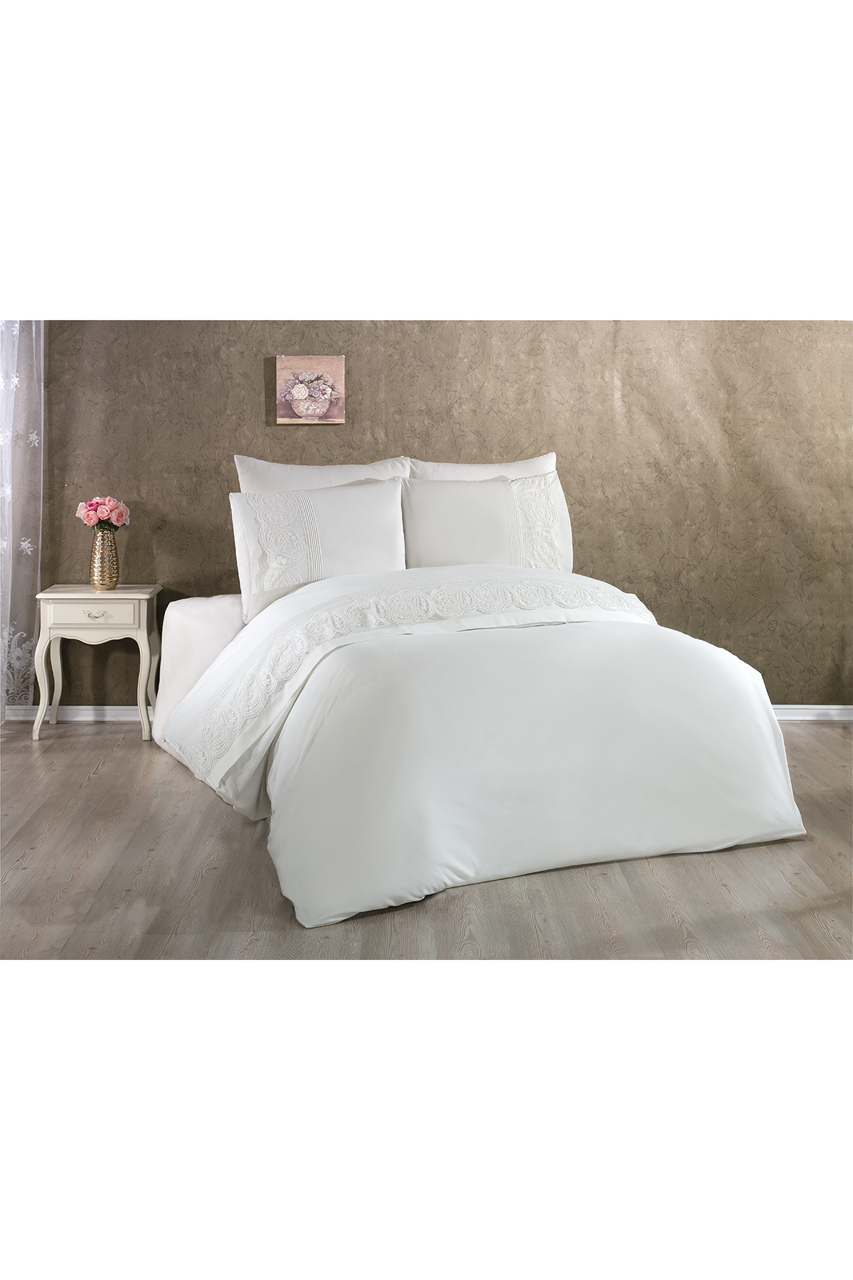 Picture of Şal Fransız Dantelli Nervürlü Nevresim Takımı Krem