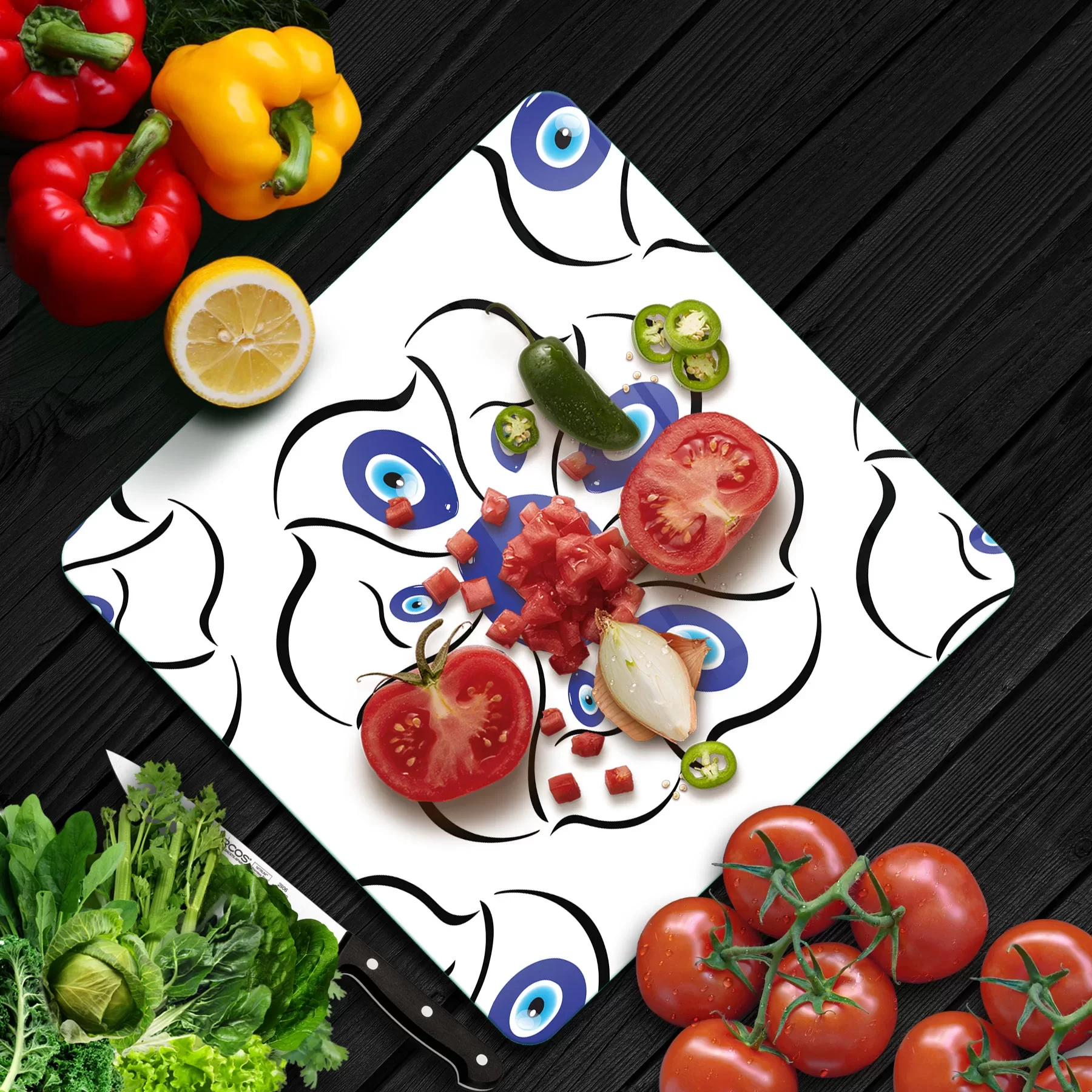 Picture of Decovetro Cam Kesme Tahtası ve Sunumluk Kare Nazar Çiçekleri Desenli 30x30 Cm