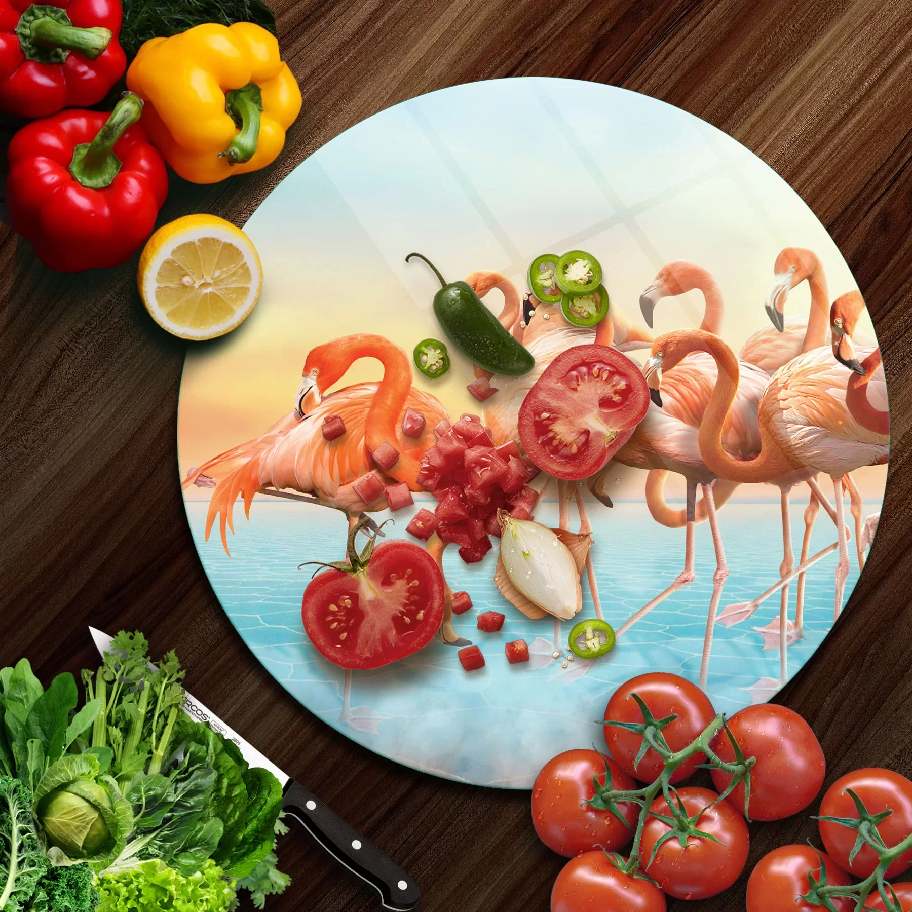 Picture of Decovetro Cam Kesme Tahtası ve Sunumluk Yuvarlak Flamingo Desenli 30x30 Cm