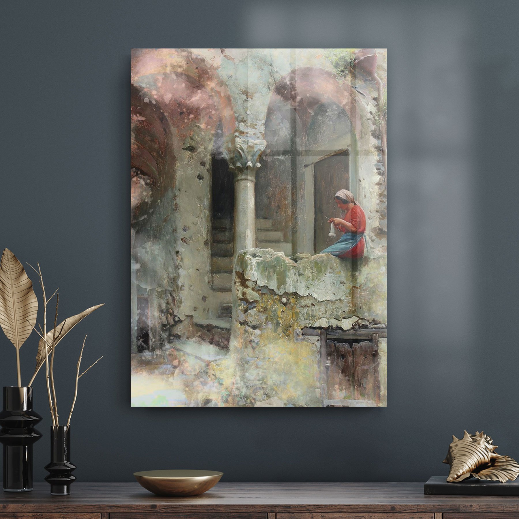 Picture of Decovetro Cam Tablo Yağlı Boya Örgücü Kız 30x40 cm