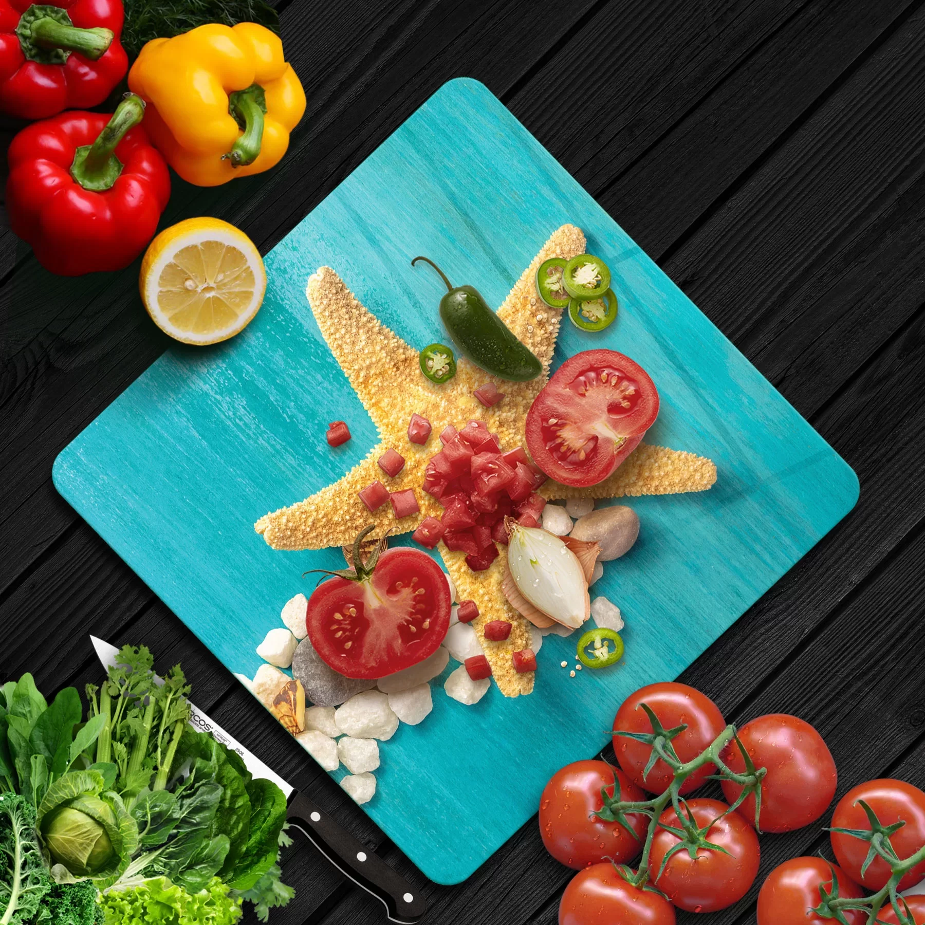 Picture of Decovetro Cam Kesme Tahtası ve Sunumluk Kare Turkuaz Deniz Yıldızı Desenli 30x30 Cm