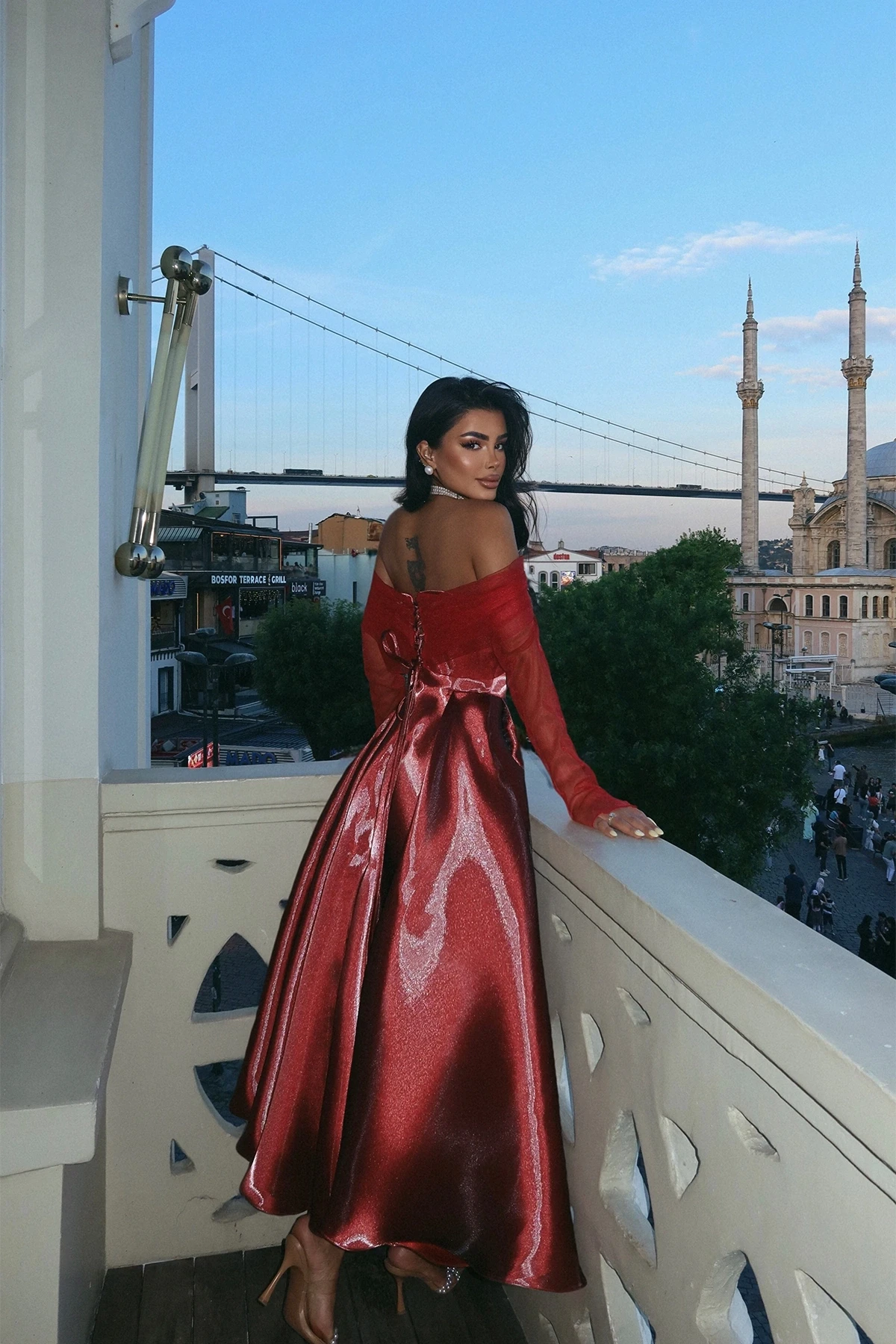 Picture of Burgundy Strapless Tulle Detail Evening Dress