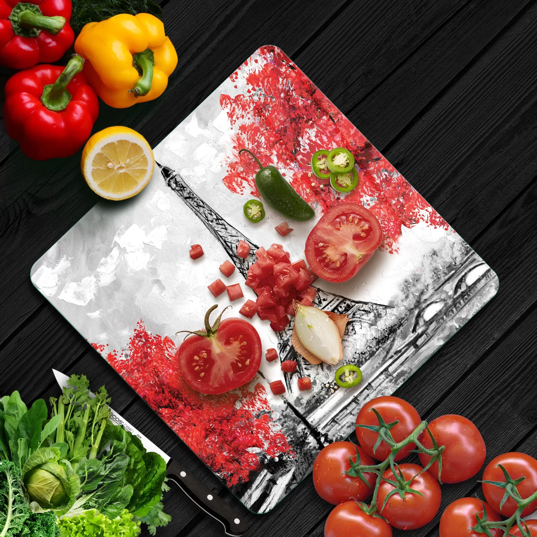 Picture of Decovetro Cam Kesme Tahtası ve Sunumluk Kare Paris Eyfel Desenli 30x30 Cm