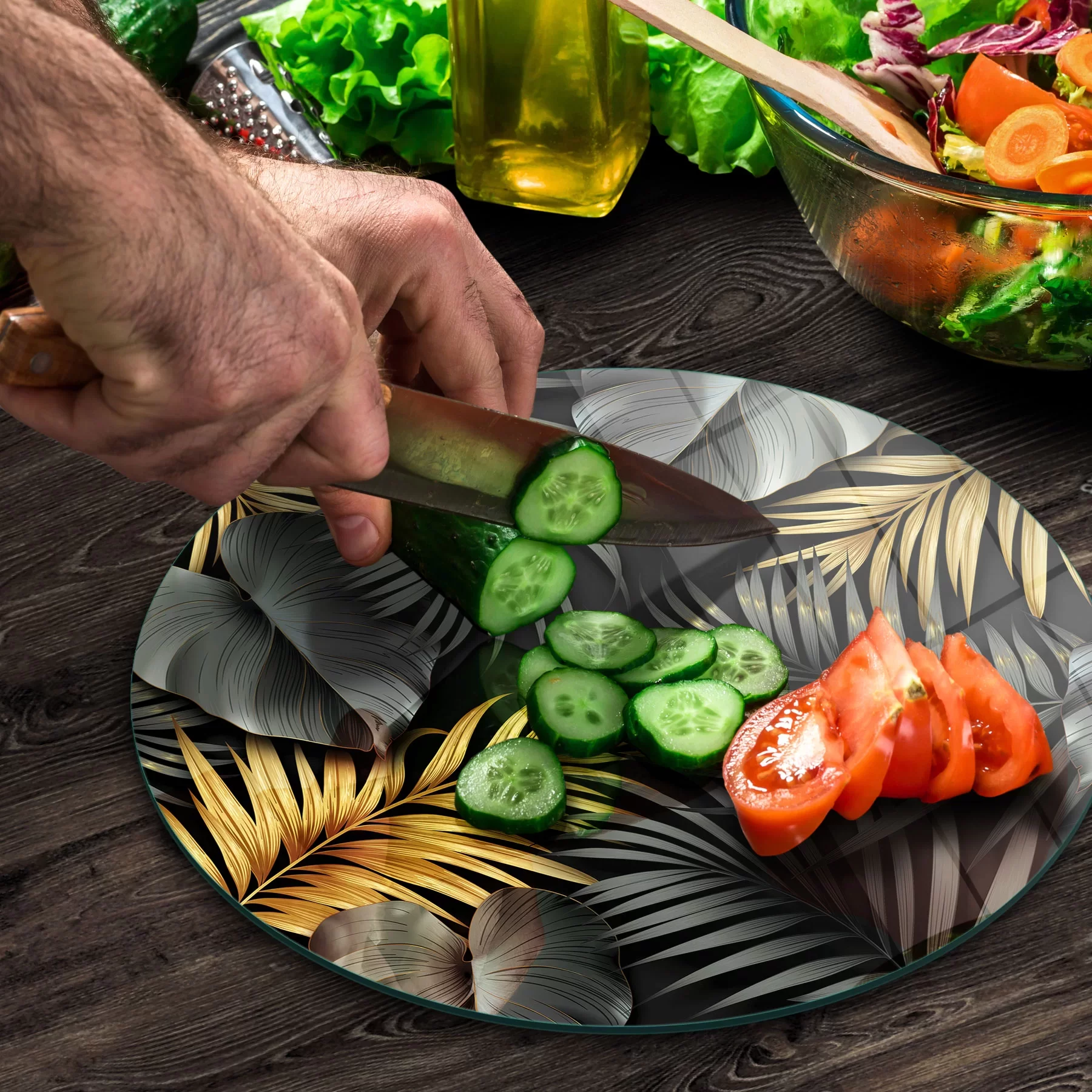 Picture of Decovetro Cam Kesme Tahtası ve Sunumluk Yuvarlak Tropik Yaprak Desenli 30x30 Cm