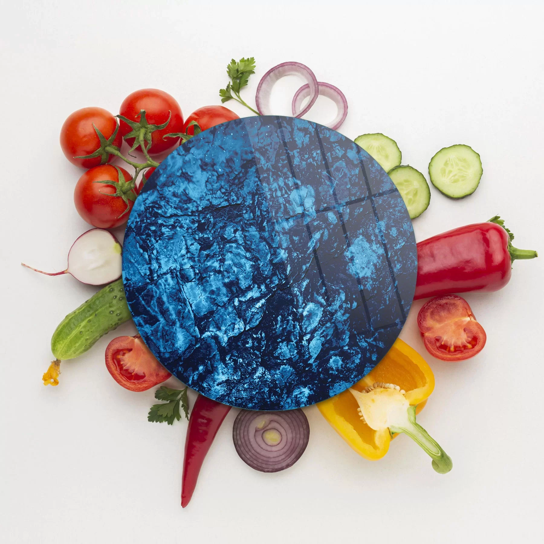 Picture of Decovetro Cam Kesme Tahtası ve Sunumluk Yuvarlak Mavi Taş Desenli 30x30 Cm