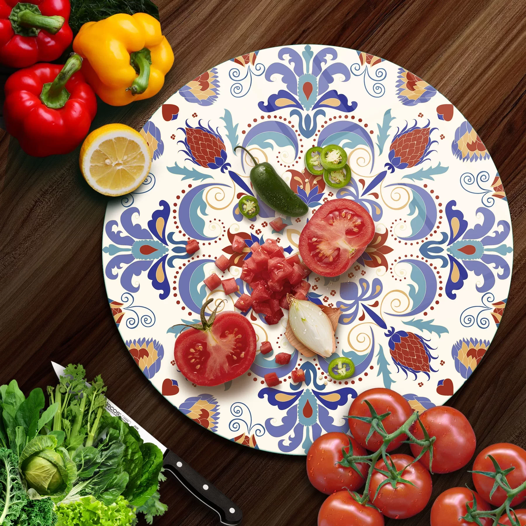 Picture of Decovetro Cam Kesme Tahtası ve Sunumluk Yuvarlak Çini Motifi Desenli 30x30 Cm