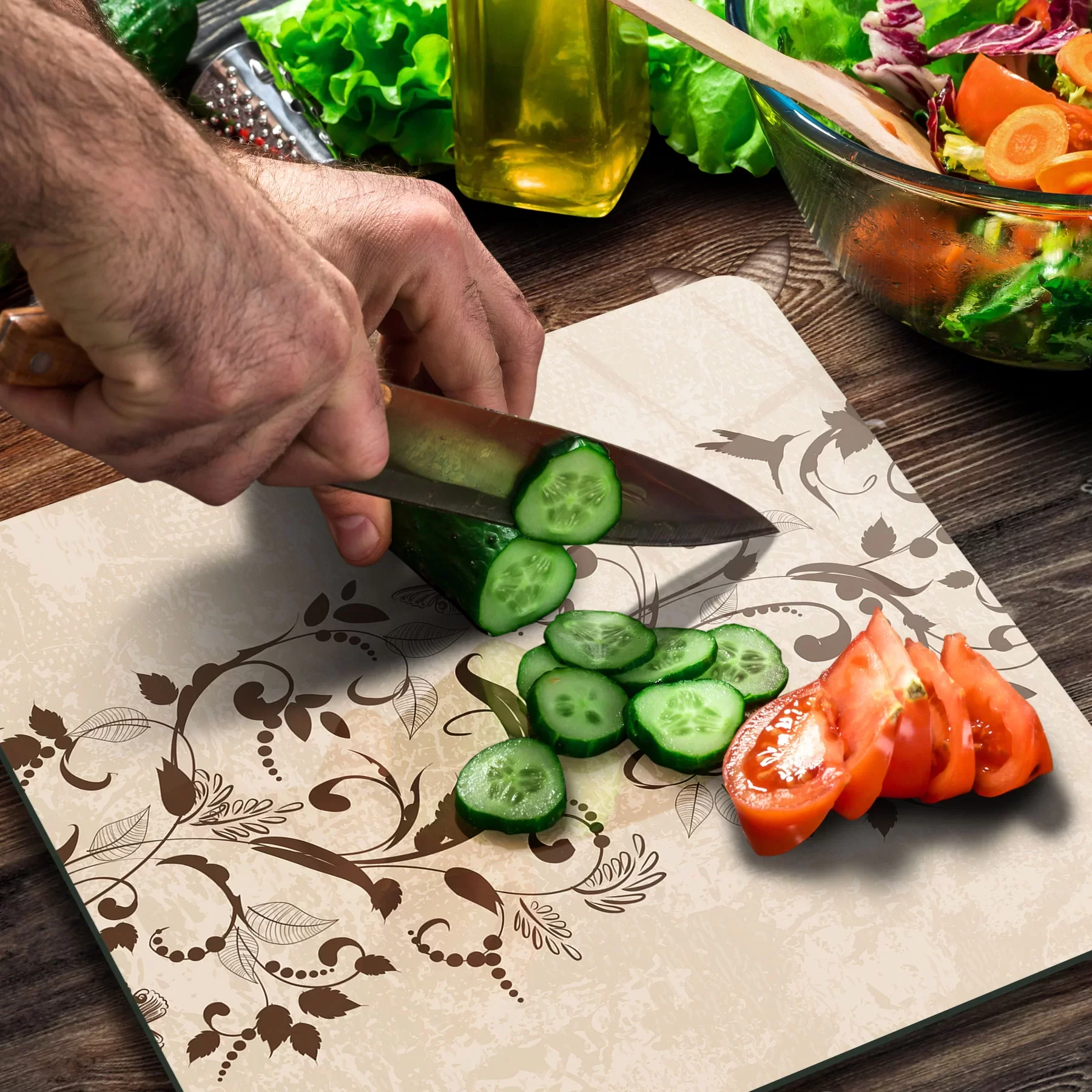 Picture of Decovetro Cam Kesme Tahtası ve Sunumluk Kare Sarmaşık Desenli 30x30 Cm