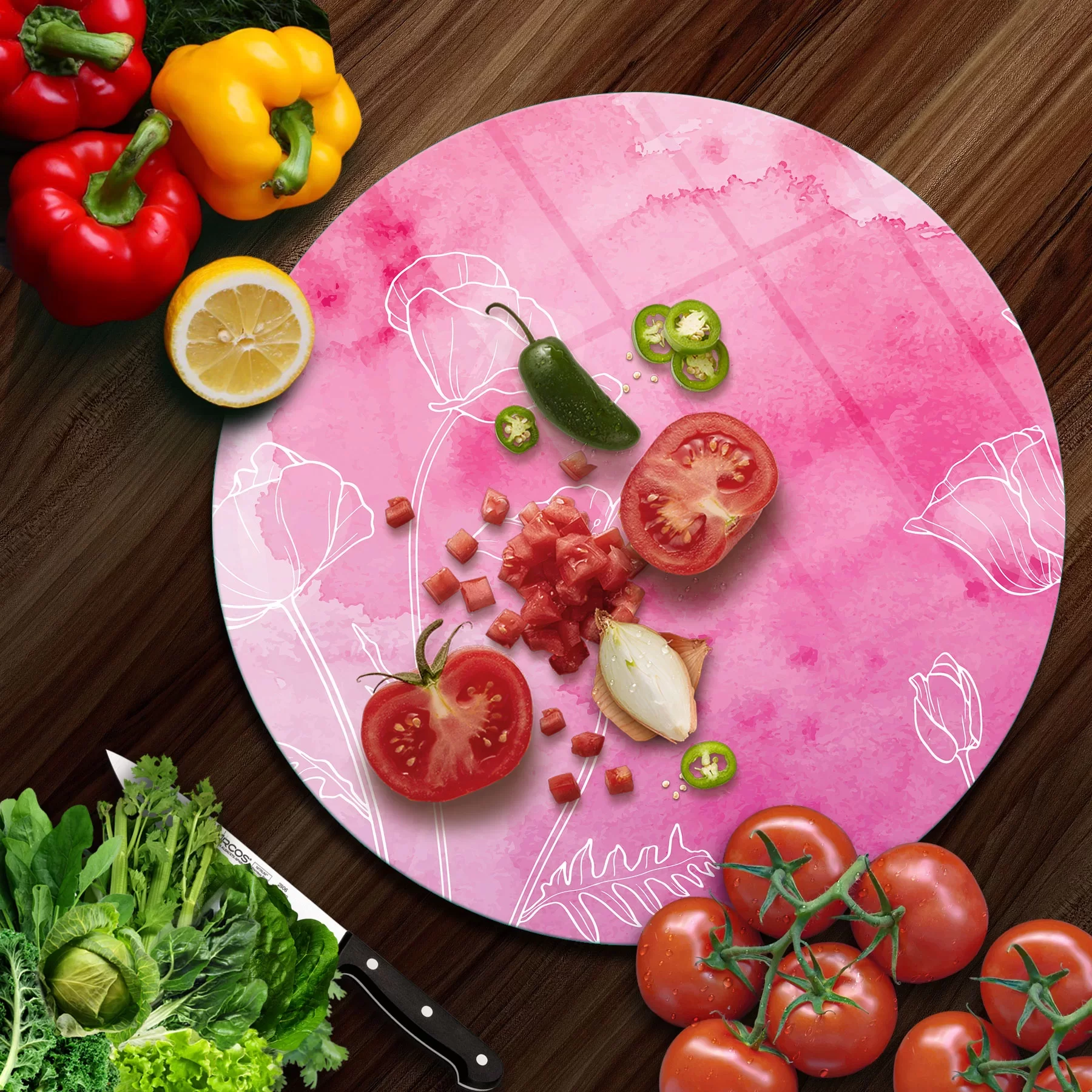 Picture of Decovetro Cam Kesme Tahtası ve Sunumluk Yuvarlak Pembe Çiçek Desenli 30x30 Cm