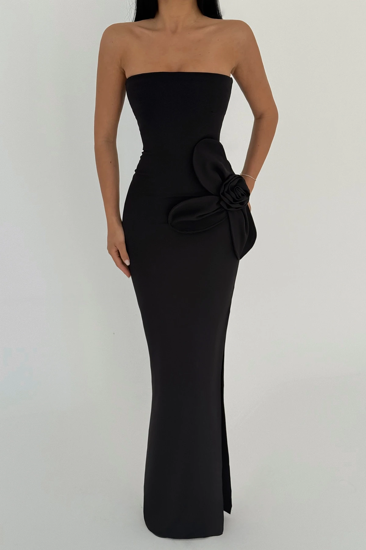 Picture of Black Rose Detail Strapless Dress