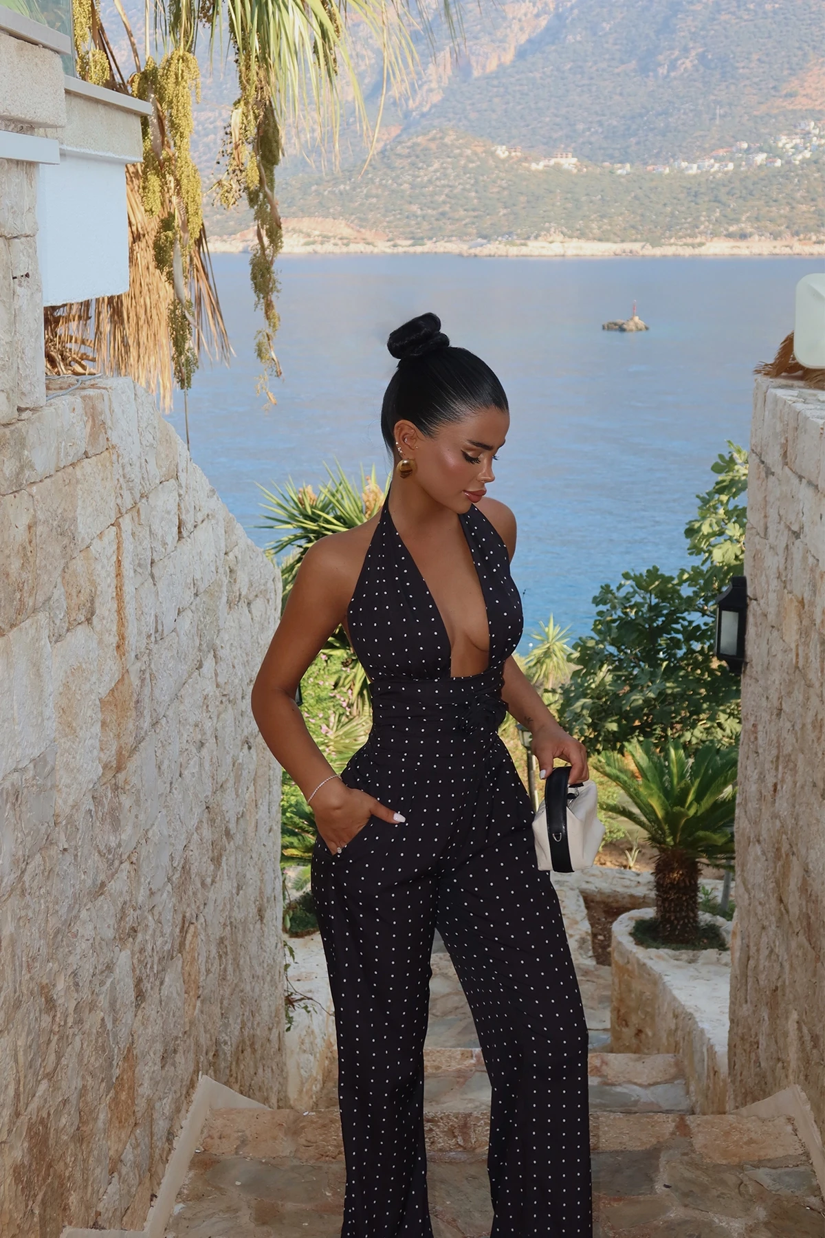 Picture of Black Rose Detail Polka Dot Jumpsuit