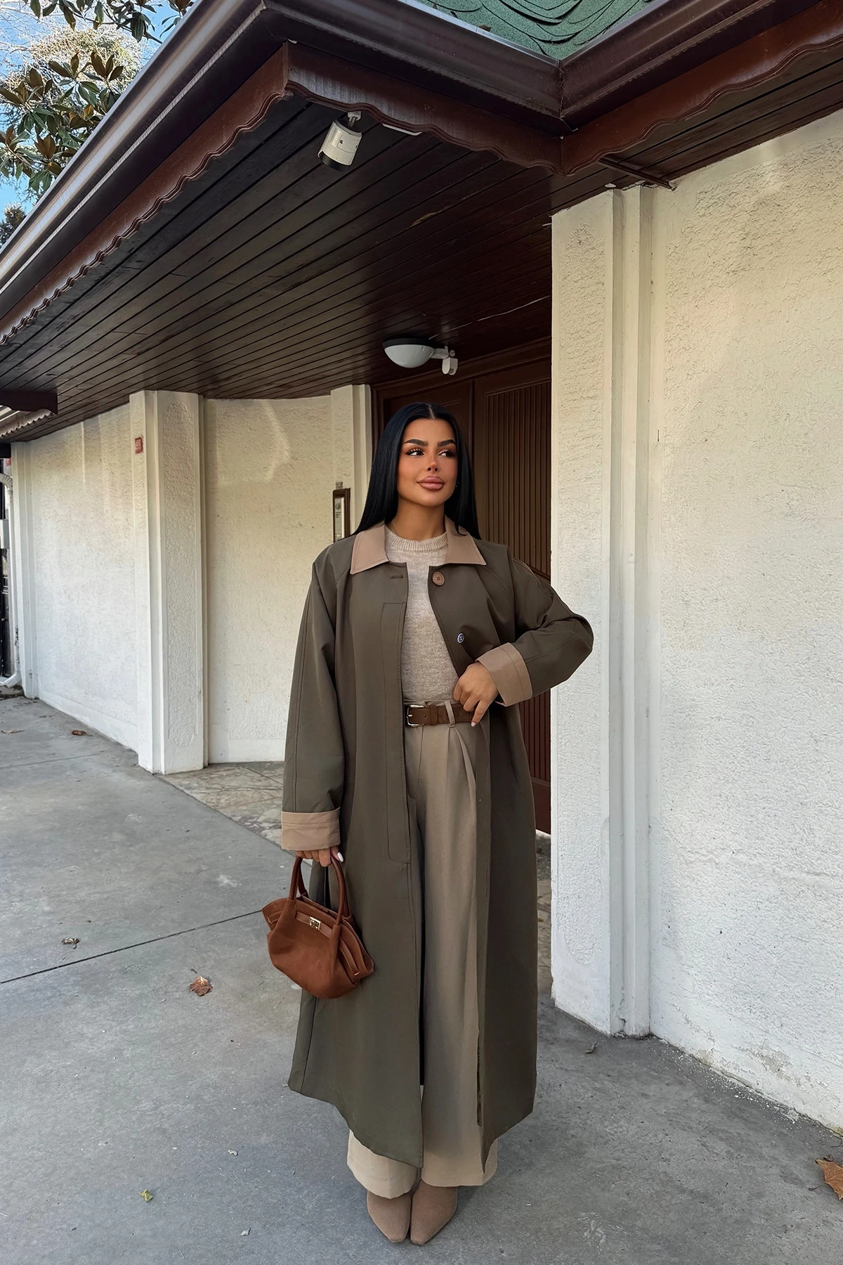 Picture of Khaki Shirt Collar Long Trench Coat