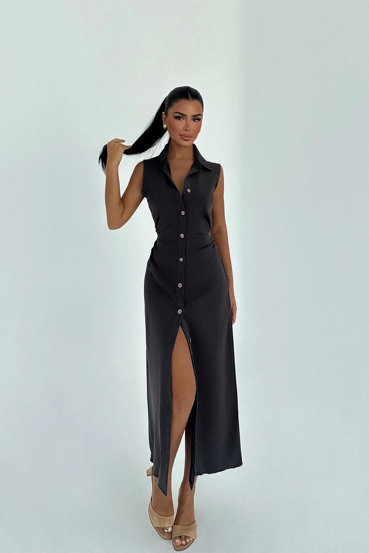 Picture of Black Lyza Long Button-Down Dress