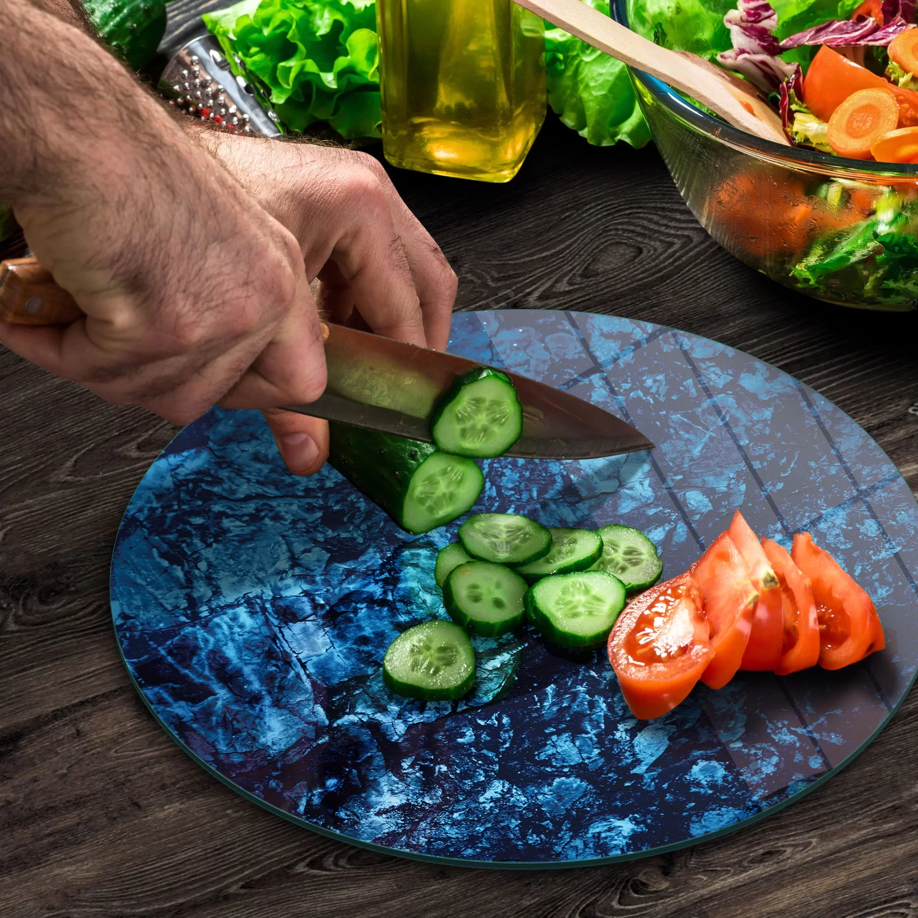 Picture of Decovetro Cam Kesme Tahtası ve Sunumluk Yuvarlak Mavi Taş Desenli 30x30 Cm