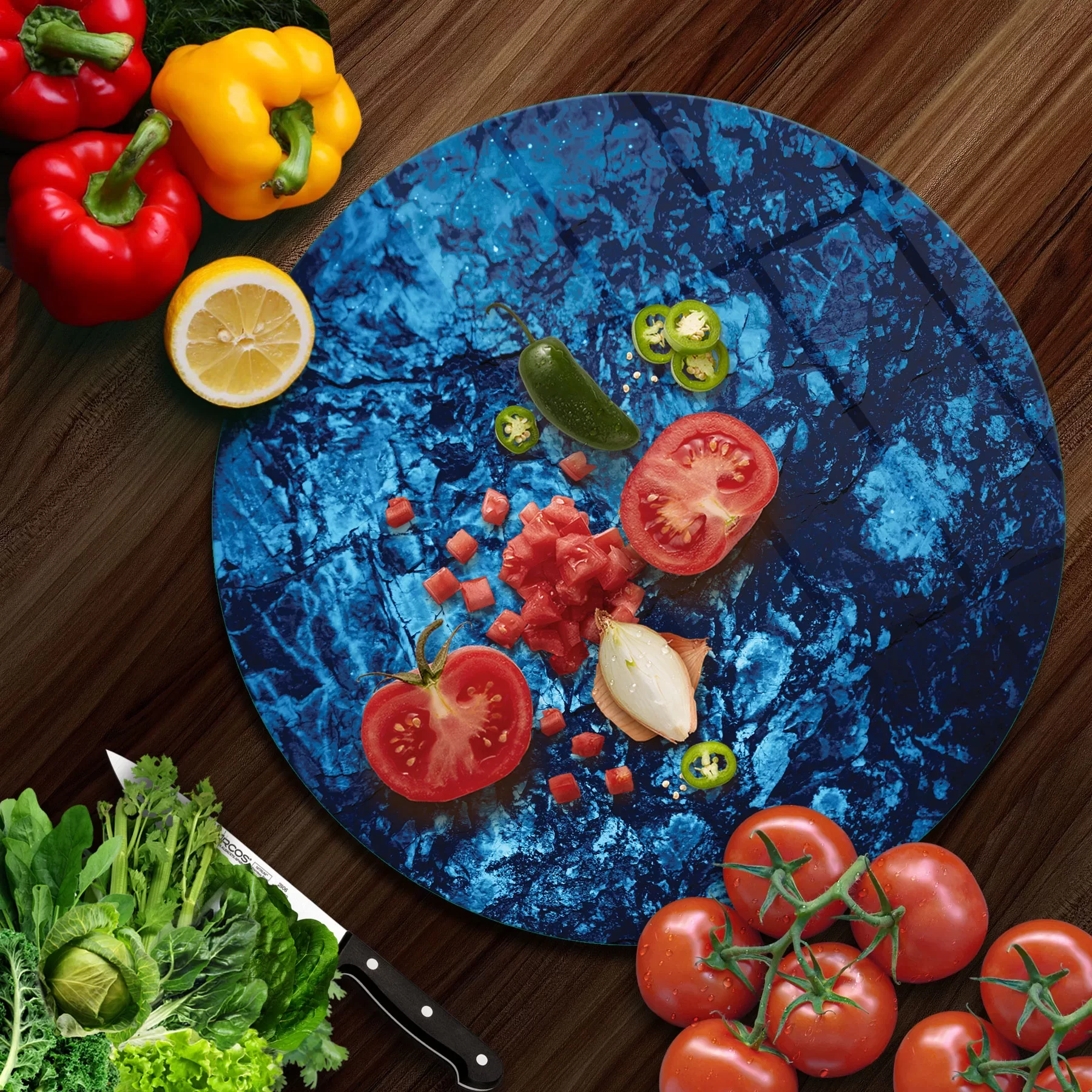 Picture of Decovetro Cam Kesme Tahtası ve Sunumluk Yuvarlak Mavi Taş Desenli 30x30 Cm