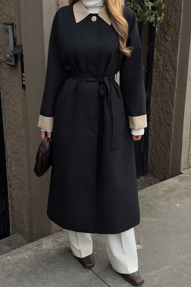 Picture of Black Shirt Collar Long Trench Coat