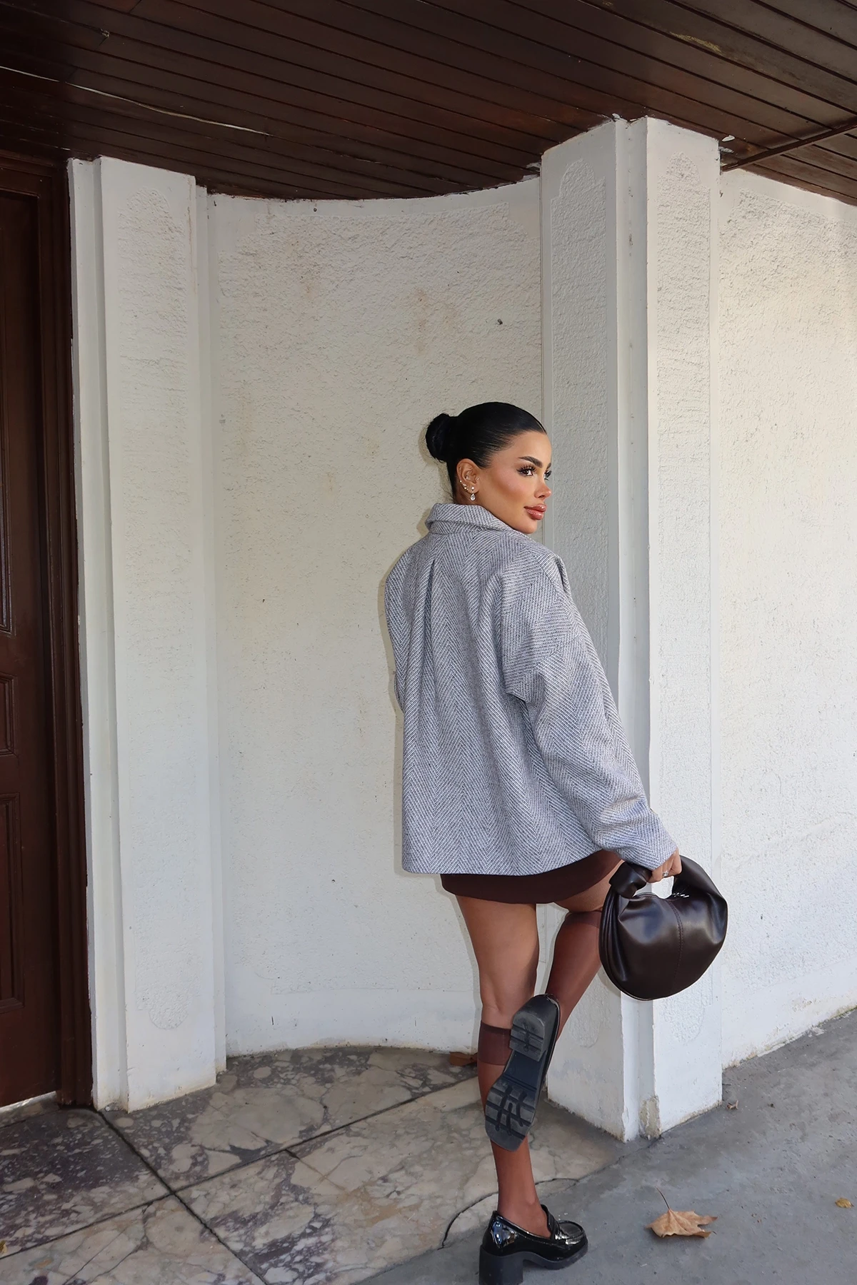 Picture of Brown Pocket Detail Double Breasted Collar Jacket