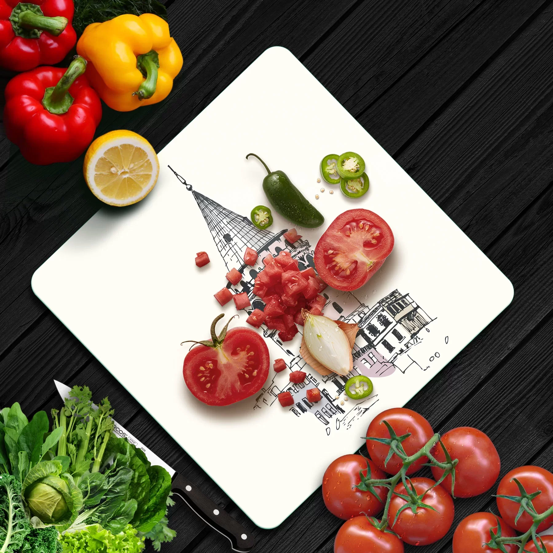 Picture of Decovetro Cam Kesme Tahtası ve Sunumluk Kare Galata Kulesi Desenli 30x30 Cm