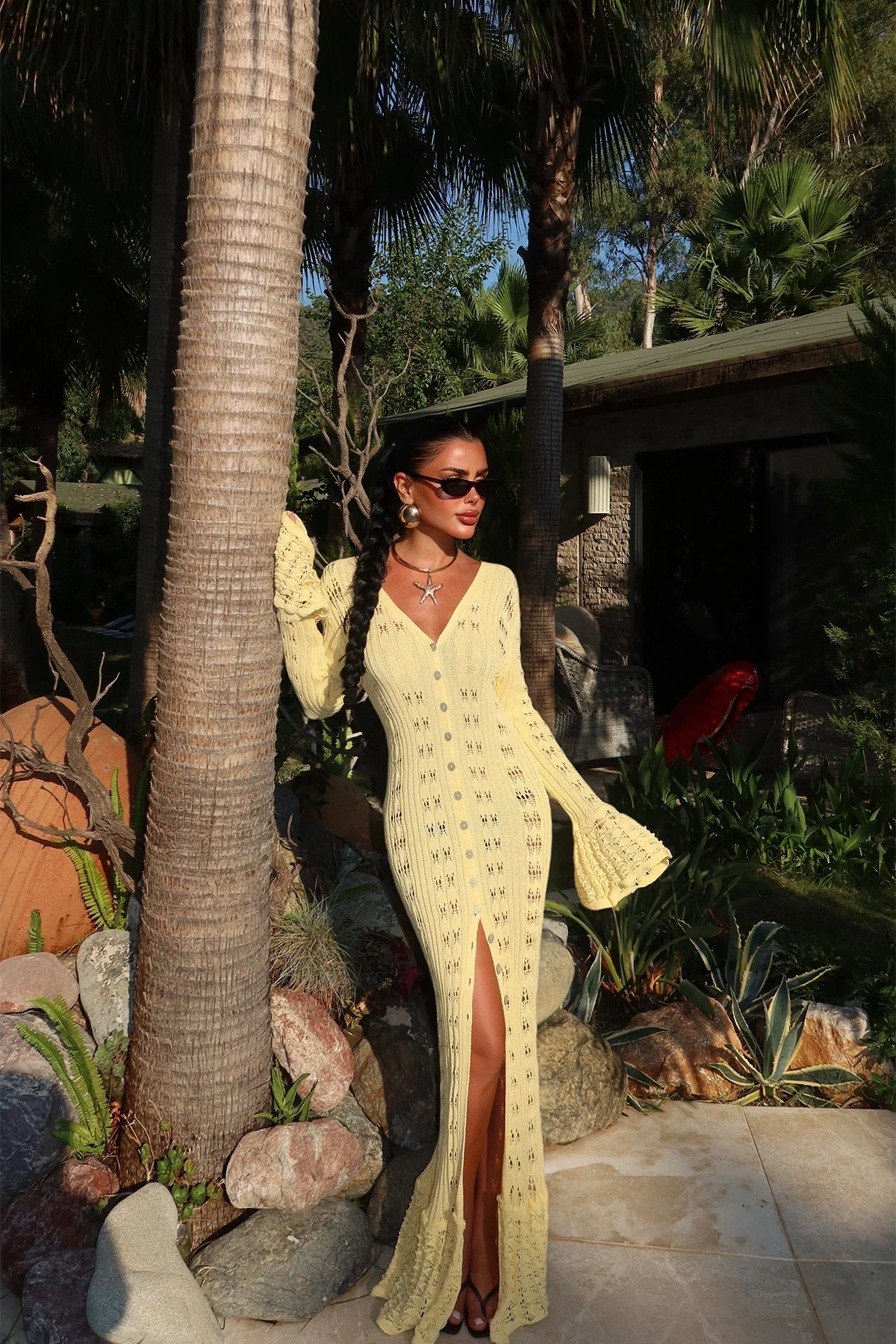 Picture of Yellow Button Detail Long Dress