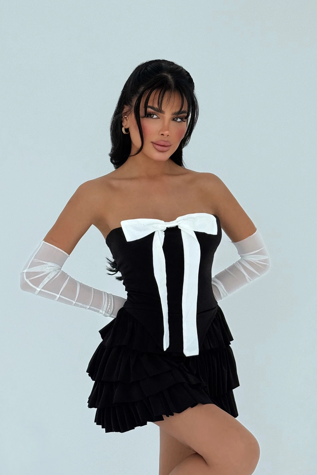 Picture of Black Ramblas Mini Ruffle Dress with Glove Detail