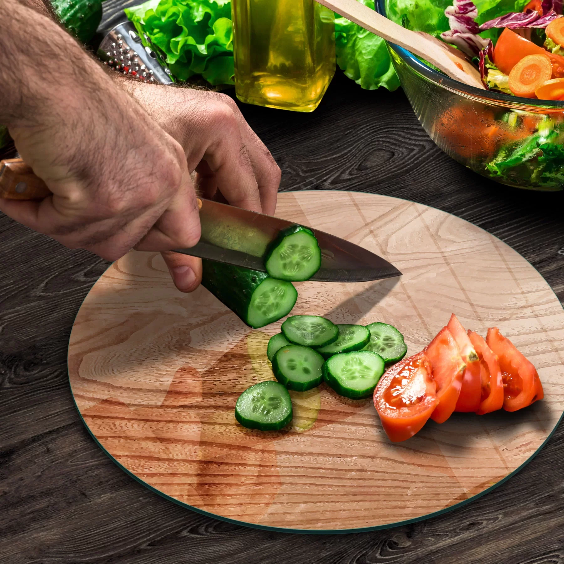 Picture of Decovetro Cam Kesme Tahtası ve Sunumluk Yuvarlak Dalgalı Ahşap Desenli 30x30 Cm