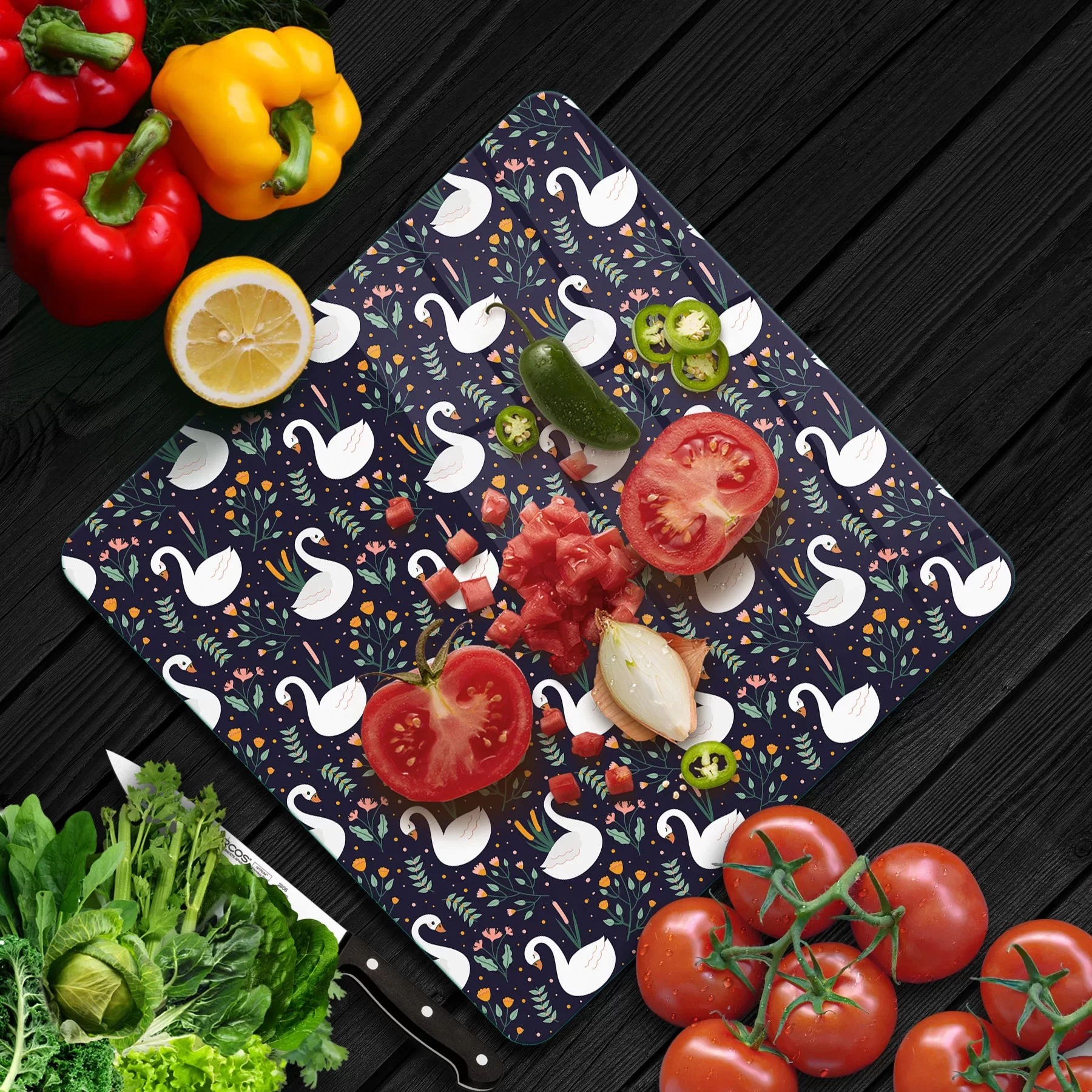 Picture of Decovetro Cam Kesme Tahtası ve Sunumluk Kare Kuğu Desenli 30x30 Cm