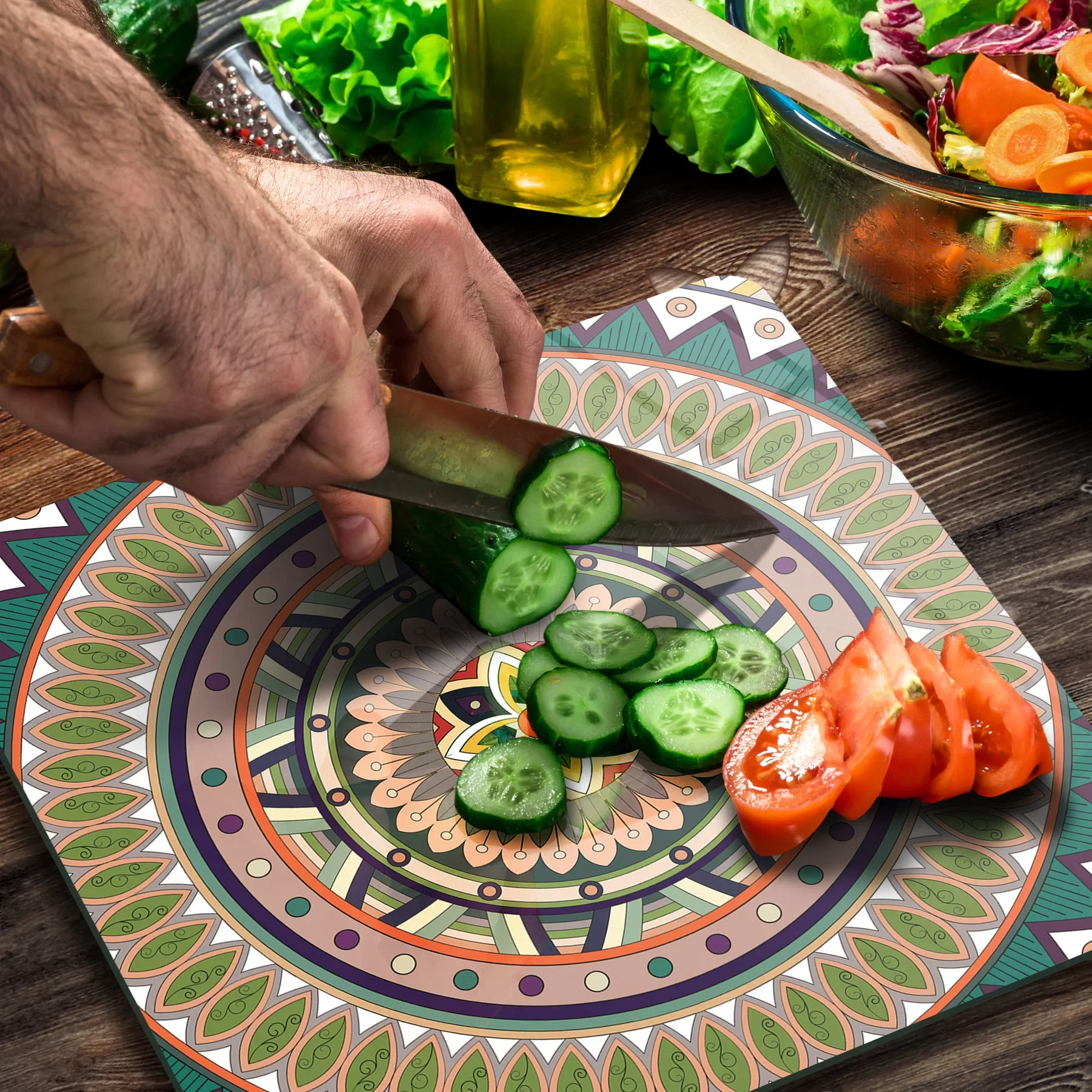 Picture of Decovetro Cam Kesme Tahtası ve Sunumluk Kare Mandala 3 Desenli 30x30 Cm