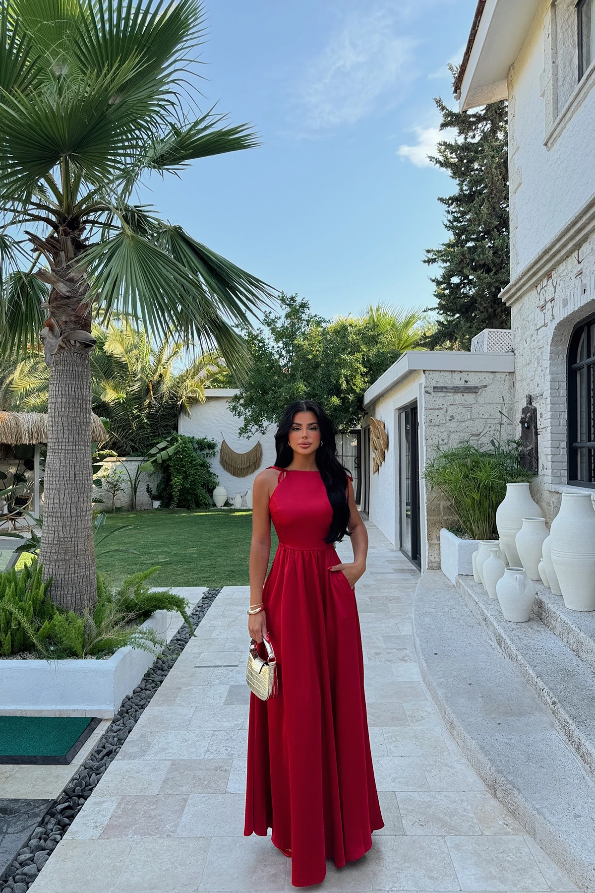 Picture of Red Satin Back Detail Long Dress
