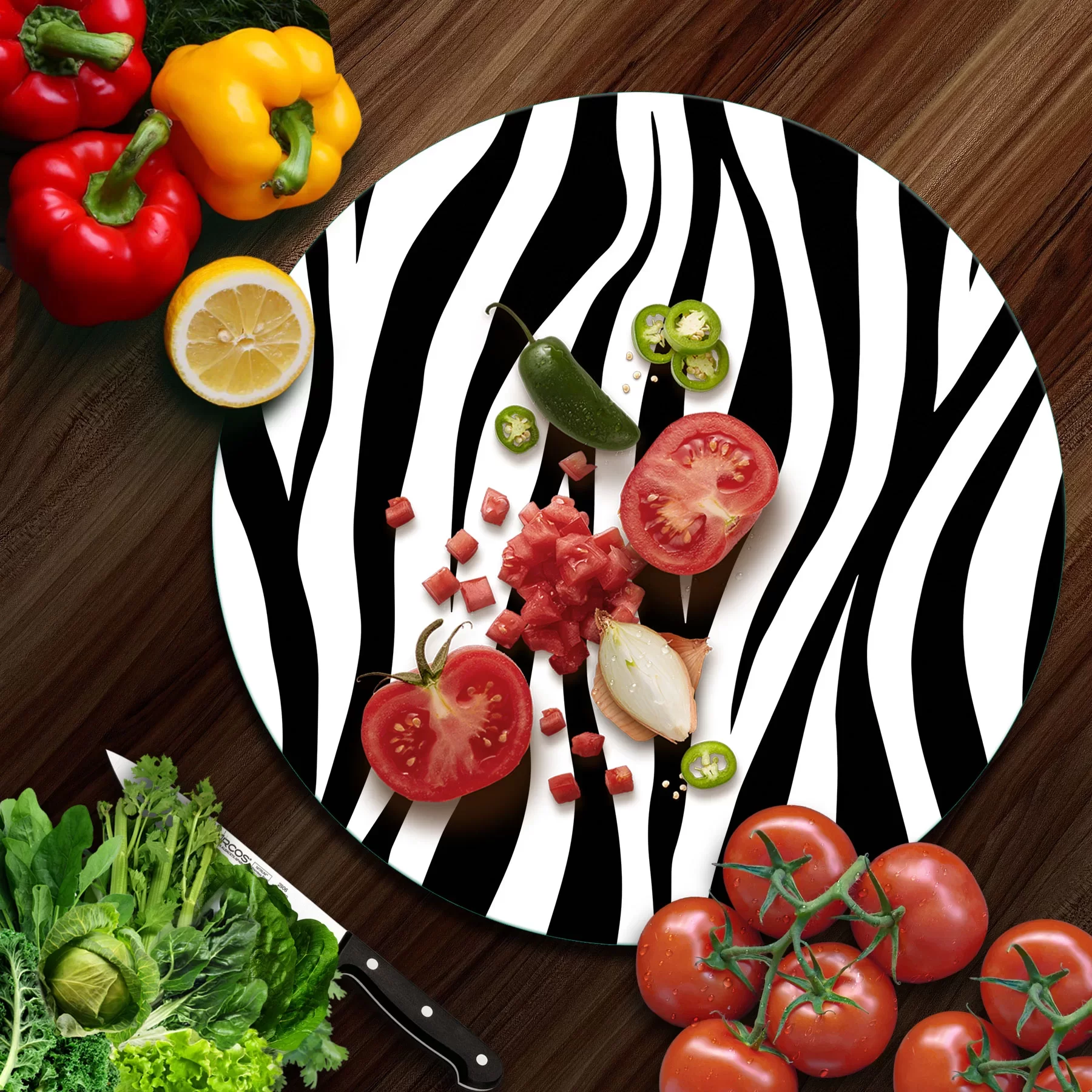 Picture of Decovetro Cam Kesme Tahtası ve Sunumluk Yuvarlak Zebra Desenli 30x30 Cm