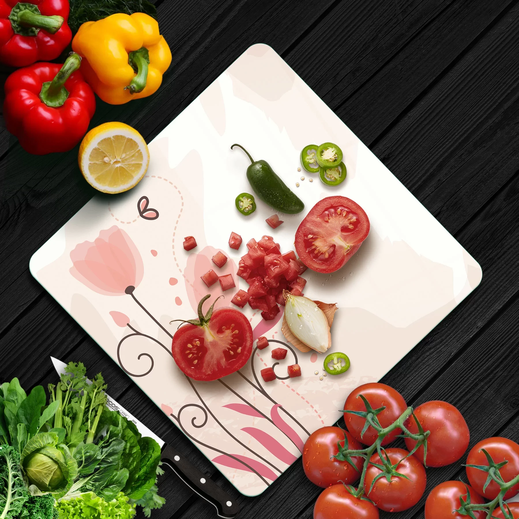 Picture of Decovetro Cam Kesme Tahtası ve Sunumluk Kare Köşe Lale Desenli 30x30 Cm