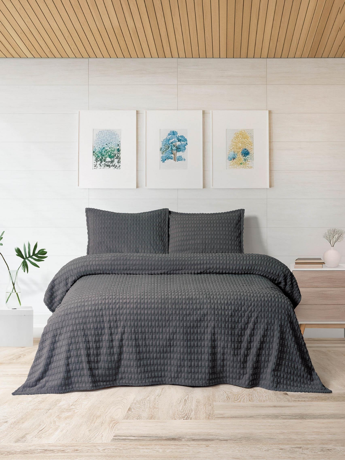 Picture of Merinos Modern Twist 3 Parça Çift Kişilik Battaniye Seti Kutulu 220x240 Koyu Gri