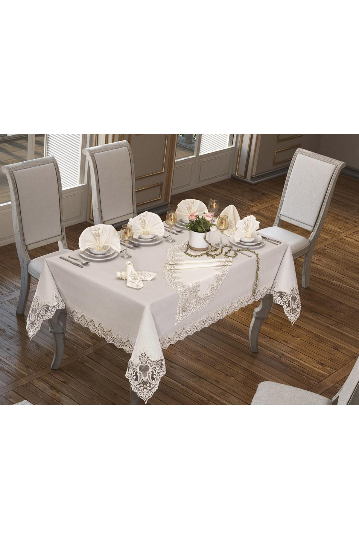 Picture of Sümbül Masa Örtüsü 160x260 Cm 26 Parça Krem