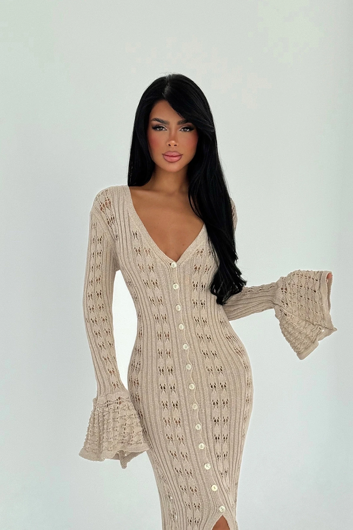 Picture of Beige Button Detail Long Dress