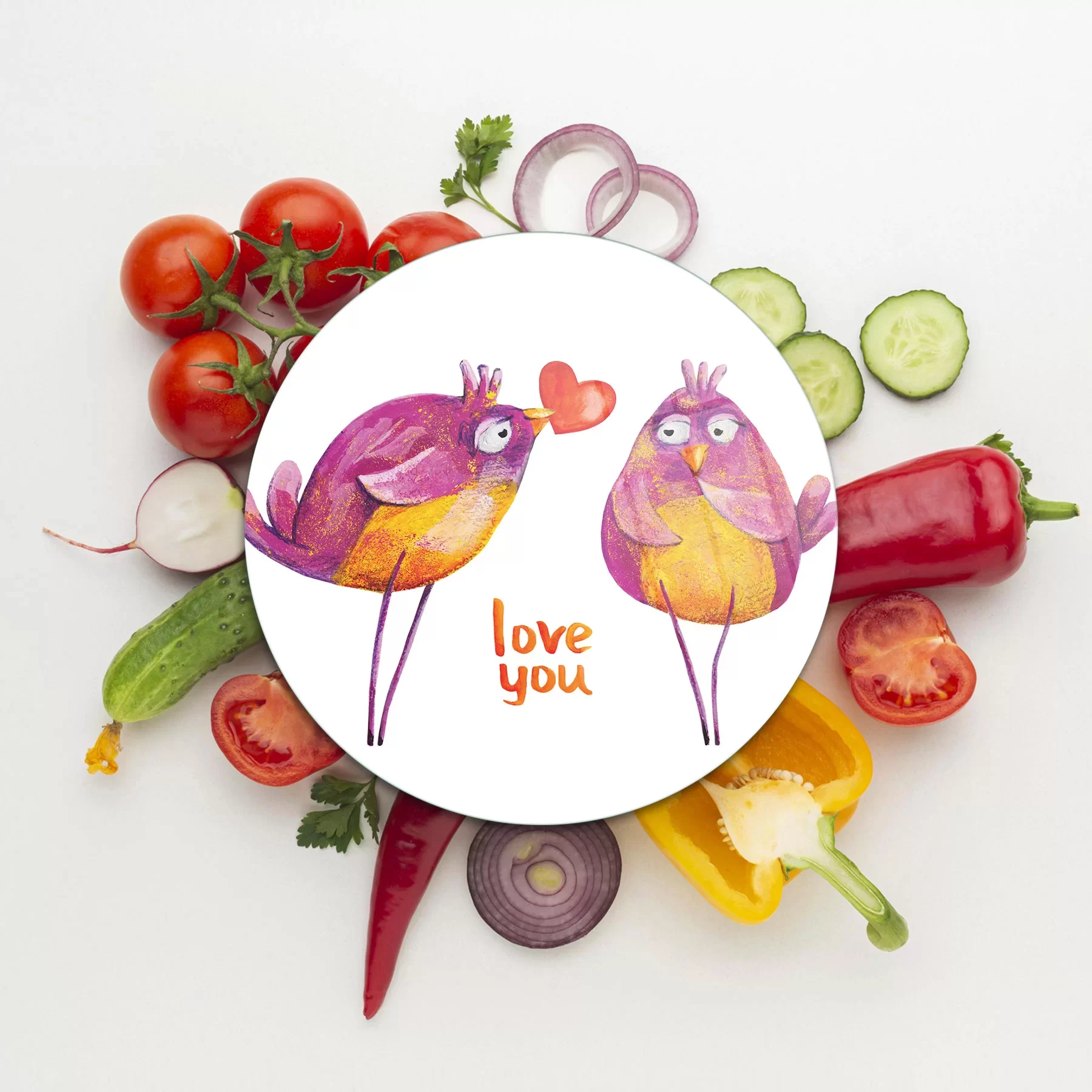 Picture of Decovetro Cam Kesme Tahtası ve Sunumluk Yuvarlak Love Birds Desenli 30x30 Cm